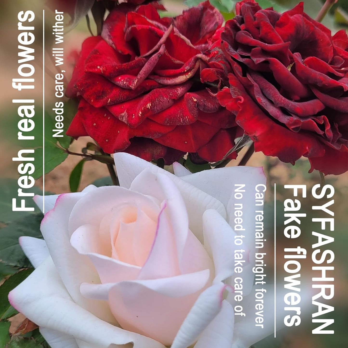 Artificial flower real touch roses feel and look realistic fake roses with short stems, suitable for gift, for wife girlfriend mom friends, Indoor home table,cake, hotel, car decoration (pink white)