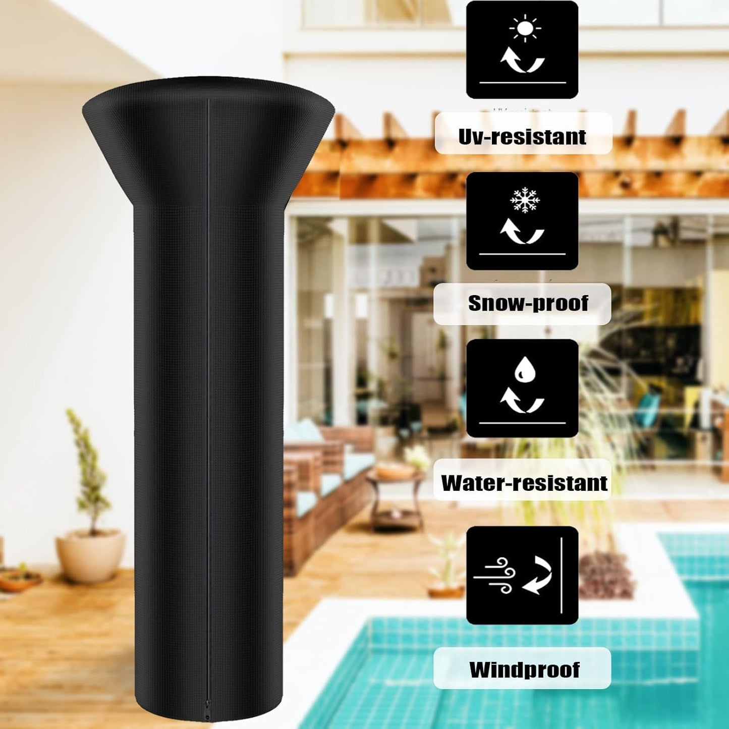 SIRUITON Patio Heater Covers with Zipper and Air Vent,Waterproof Outdoor Heater Cover, Dustproof,Wind-Resistant,UV-Resistant,Snow-Resistant,(89" Height x 33" Dome x 19"Base, 420D Black)