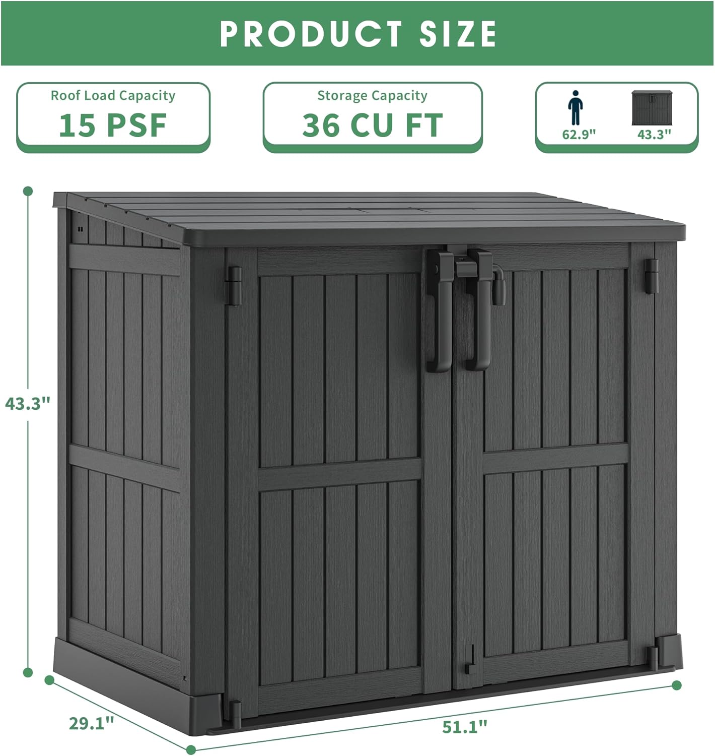 Horizontal Resin Storage Shed 36 Cu Ft with Lockable Doors, Portable Outdoor Storage Cabinet -Easy to Assemble,Sheds & Outdoor Storage, Waterproof Outdoor Storage Box for Backyards,Black