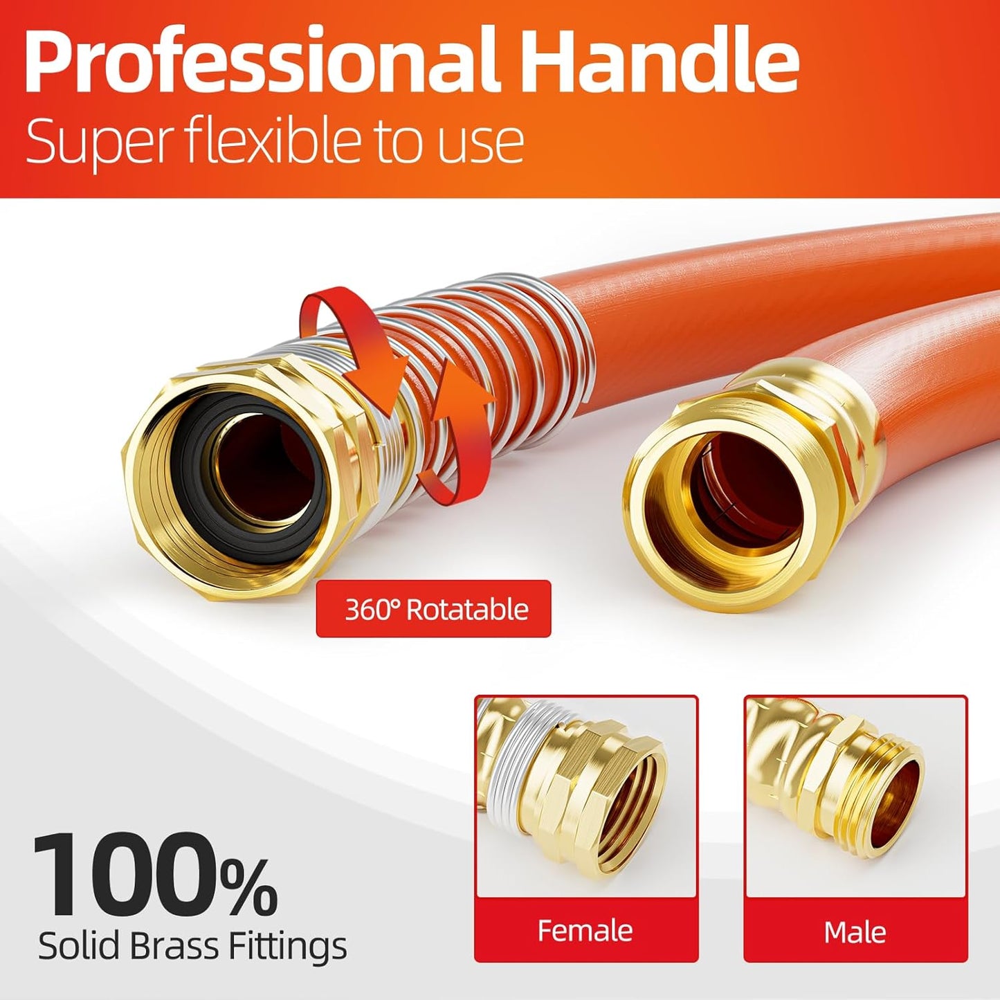 Garden Water Hose 25 ft x 3/4 in Heavy Duty, Flexible and Lightweight, Burst 600 psi, Kink-less Hybrid Rubber Pipe for Backyard, 3/4'' Brass Fittings, Orange