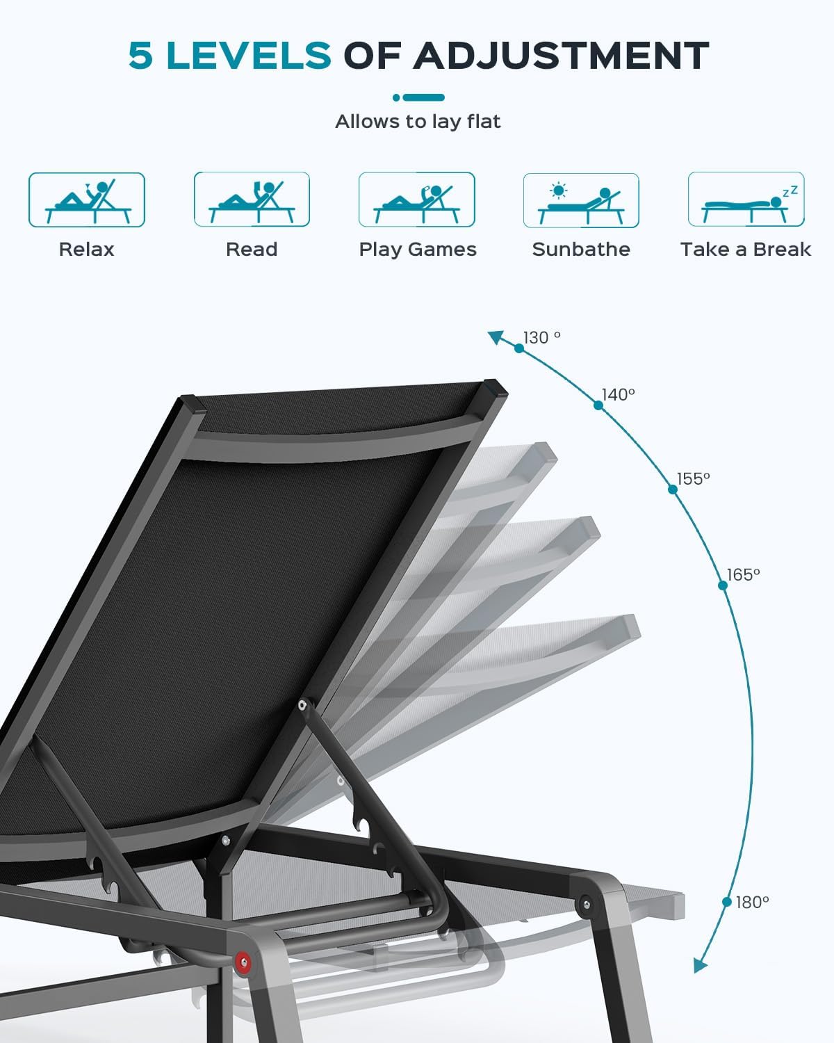 Patio Chaise Lounge Chair, Foldable Lounge Chair for Outside, Aluminum Chairs Set of 2 with 5 Adjustable Backrest, Outdoor Pool Lounger for Poolside, Lawn, Deck, Black