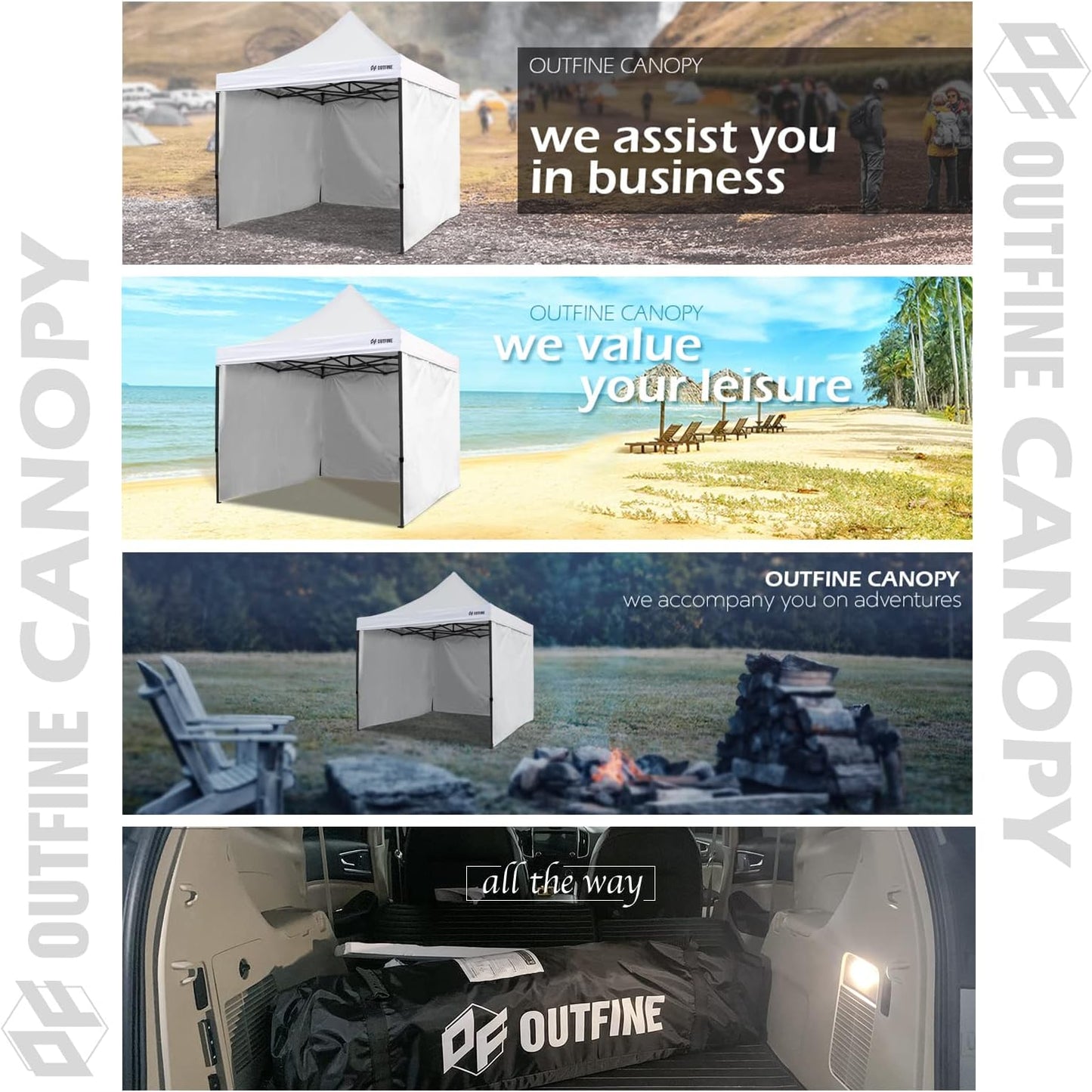 OUTFINE Heavy Duty Canopy 10x10 Pop Up Commercial Canopy Tent with 3 Side Walls Instant Shade, Bonus Upgrade Roller Bag, 4 Weight Bags, Stakes and Ropes (White, 10 * 10FT)