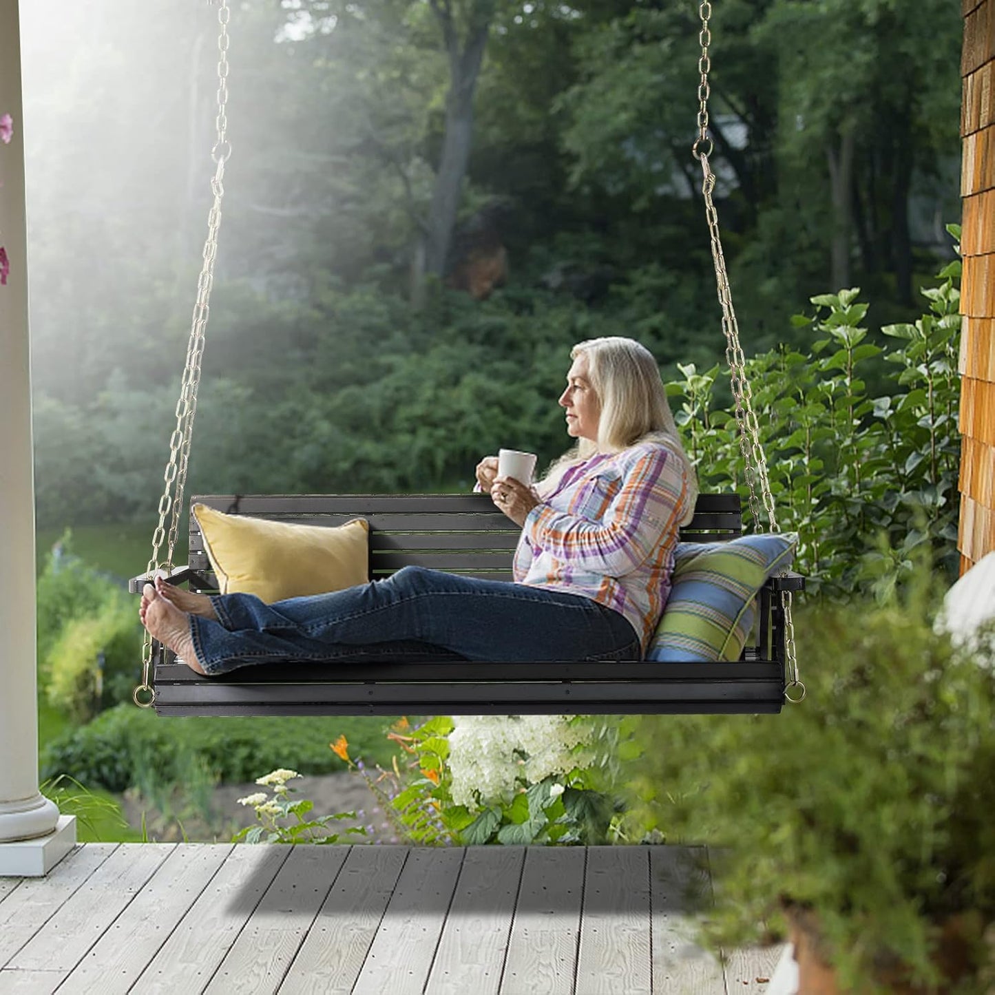 VINGLI Upgraded Patio Wooden Porch Swing for Courtyard & Garden, Heavy Duty 880 LBS Swing Chair Bench with Hanging Chains for Outdoors (Black, 5 FT)