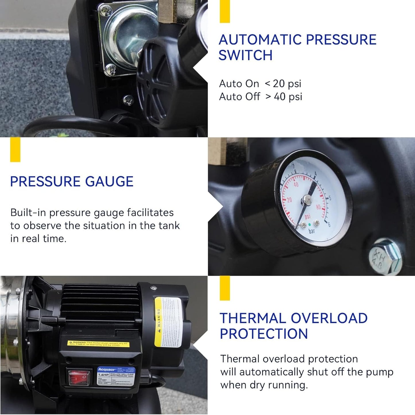 Acquaer 1.6 HP Shallow Well Pump with Pressure Tank, Stainless Steel, 1320 GPH 115V Irrigation, Automatic Water Booster Jet Pump for Home, Garden, Lawn