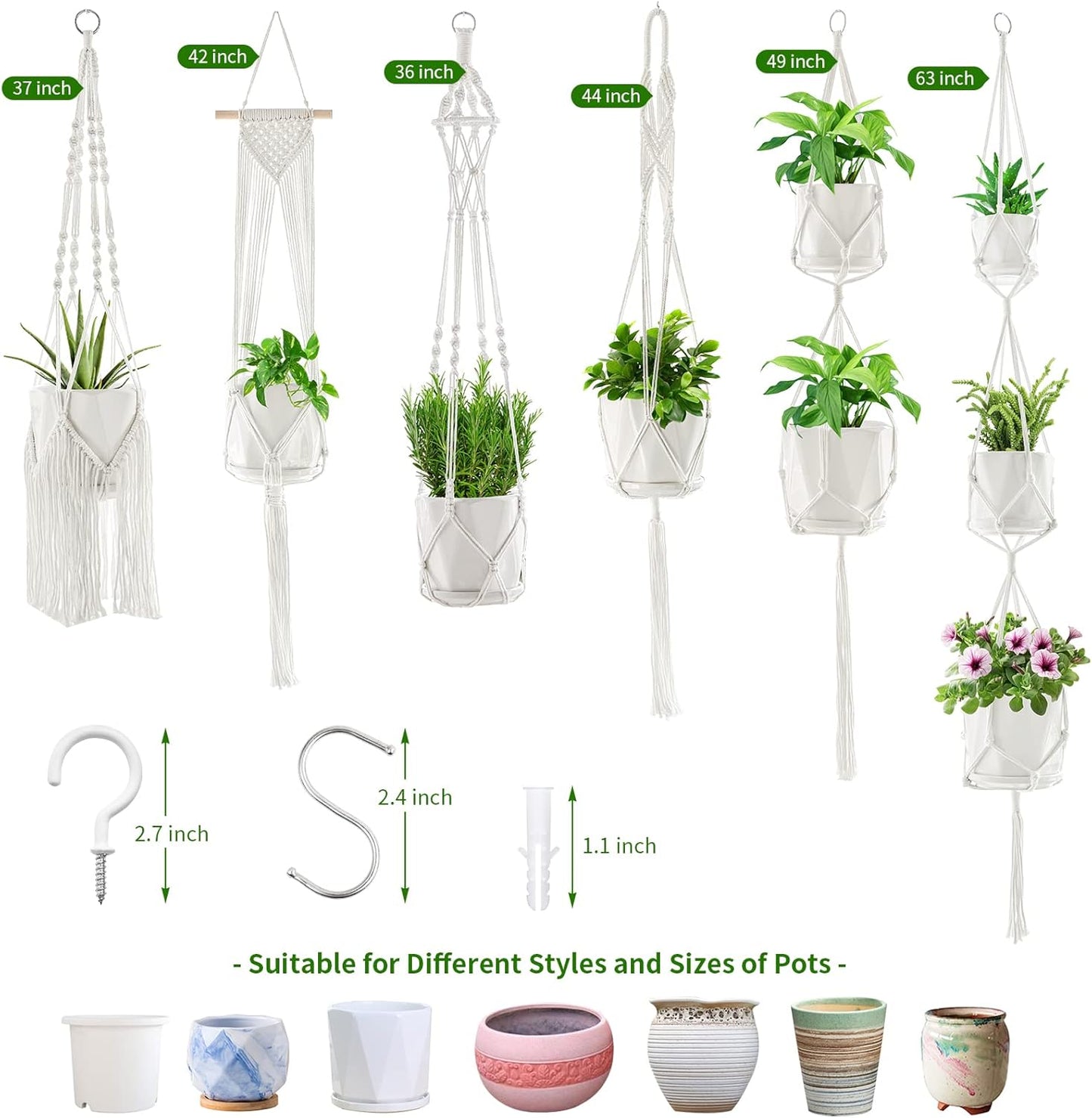 Macrame Plant Hangers, 6Pack Hanging Planters for Indoor Plants w/ 6 Set Hangers Kit Handmade Macromay Plant Hangers Indoor Flower Pots Holder Stand for Boho Home Décor (POTS NOT Included)