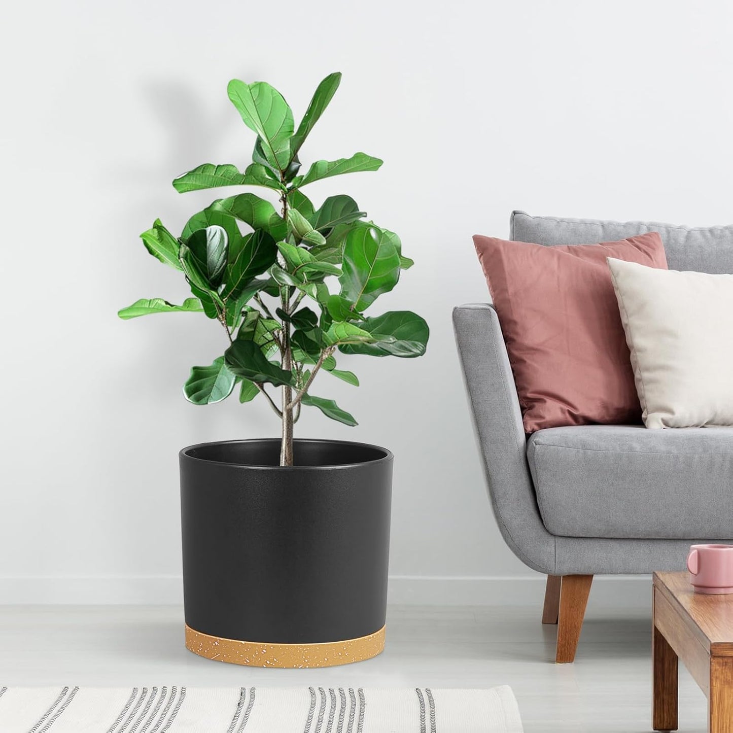 10 Inch Large Deep Plant Pots for Indoor Outdoor, Tall Cylinder Flower Pots with Drainage Holes & Saucer, Big Plastic Planter Pots for Garden House Plants, Black with Brown