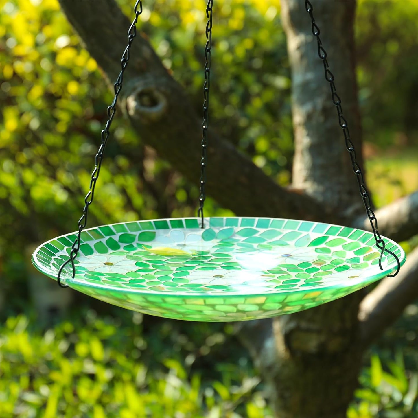MUMTOP Mosaic Hanging Bird Bath-Bird Baths for Outdoors - 12 Inch Glass Birdbath Bird Water Bowl Bird Feeders for Outside, Garden, Lawn Yard Decor(Flower & Leaf)