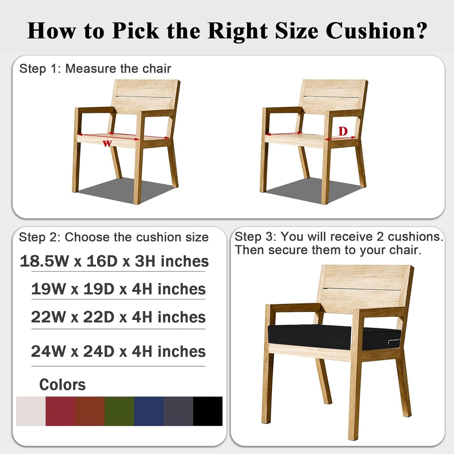 Outdoor Chair Cushions Set of 2 for Patio Furniture 24x24x4 Inch Waterproof Patio Chair Cushion 3 Year Color Fastness Square Elastic Foam Garden Couch Pads with Ties and Handle,Black