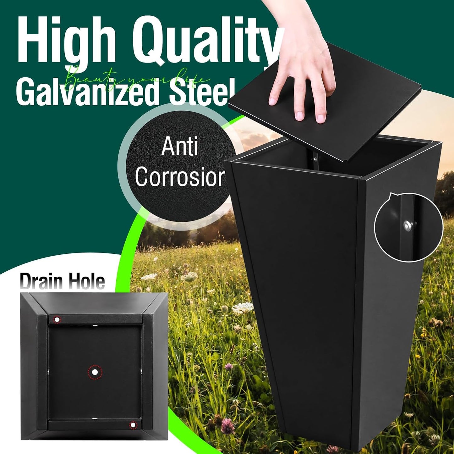 Tall Tapered Planter Front Porch Metal Flower Plant Pot Black 26 in Indoor Outdoor Galvanized Steel Modern Planter for Garden Patio Grande Plant Tree Commercial Residential