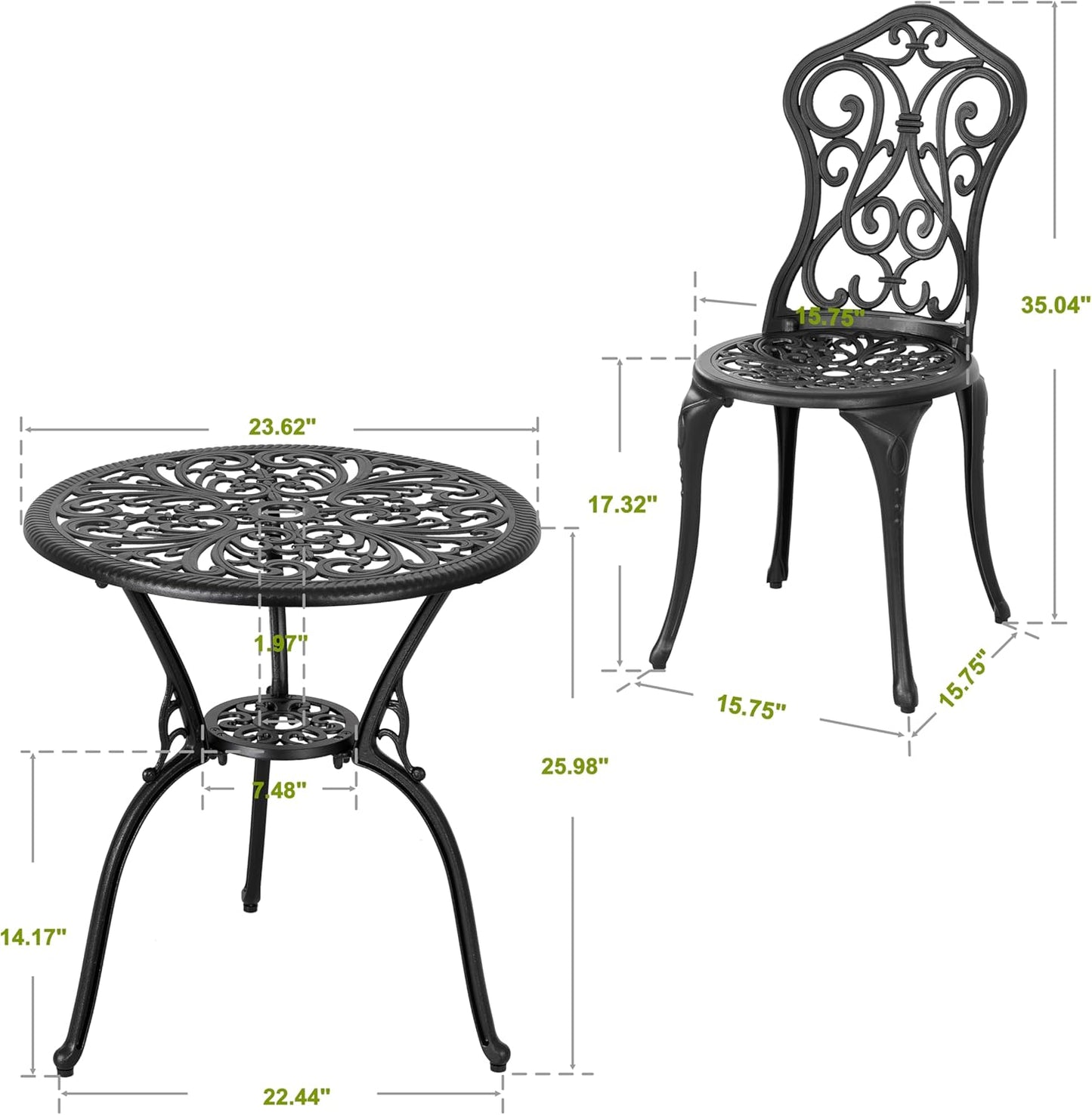 NUU GARDEN 3 Pieces Patio Bistro Set, Outdoor Bistro Set with 2 Chairs, Round Table with Umbrella Hole, All-Weather Outdoor Patio Bistro Set for Garden, Lawn, Poolside, Porch, Black