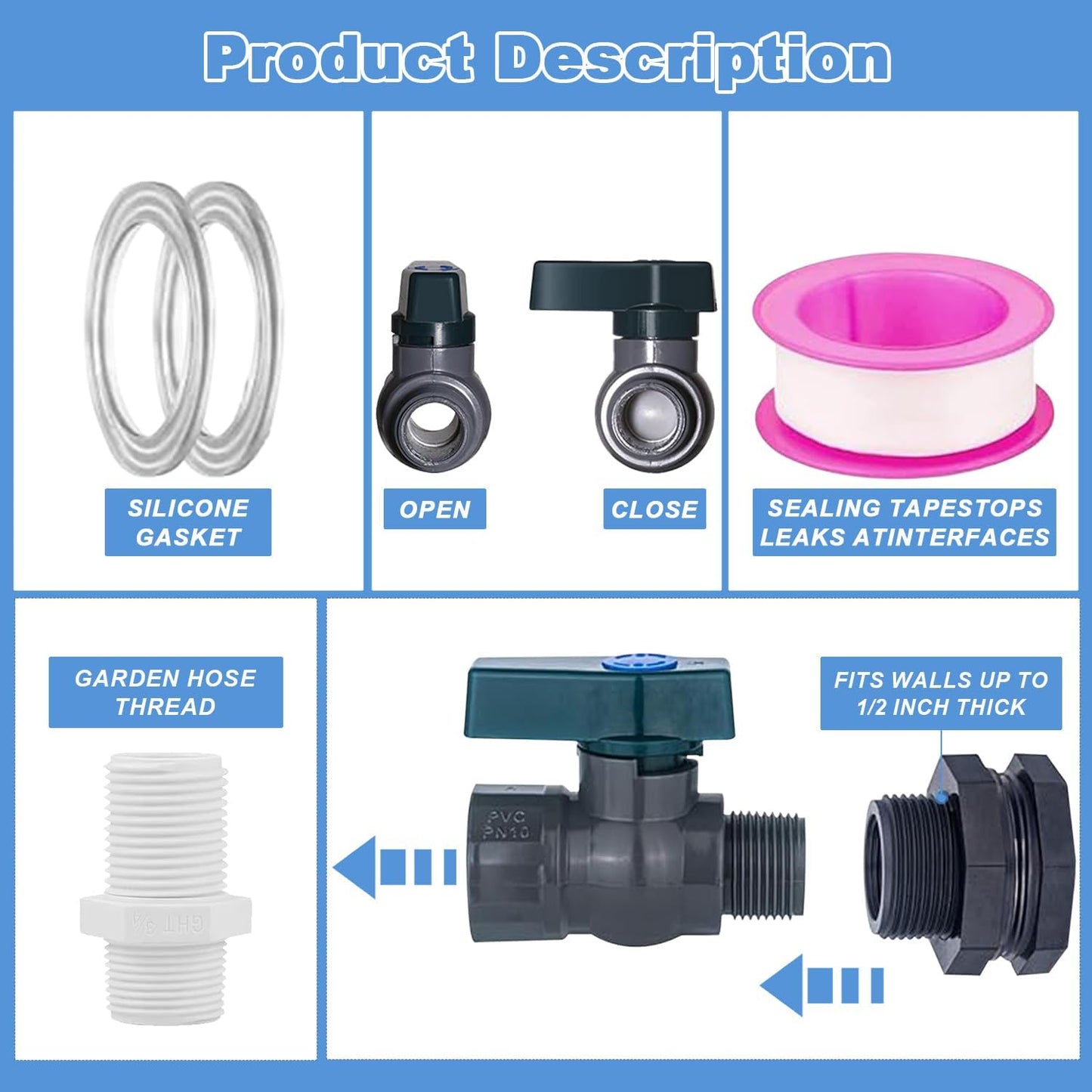 2 Pack PVC Rain Barrel Spigot Kit -3/4" Rain Barrel PVC Garden with Bulkhead Fitting Garden Hose Faucet Adapter and Thread Seal Tape for Water Tanks, Aquariums, Tubs, Pool, Garden Barrel