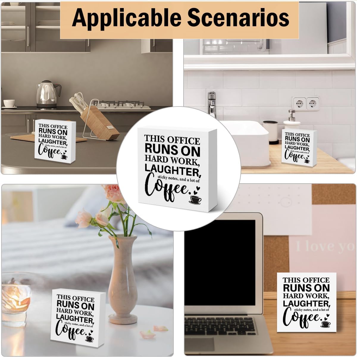 Farmhouse Office Desk Accessories Wooden Box Sign, Positive, This Office Runs on Hard Work Wooden Sign Decorations for Table Shelf, Tabletop Coffee Decor