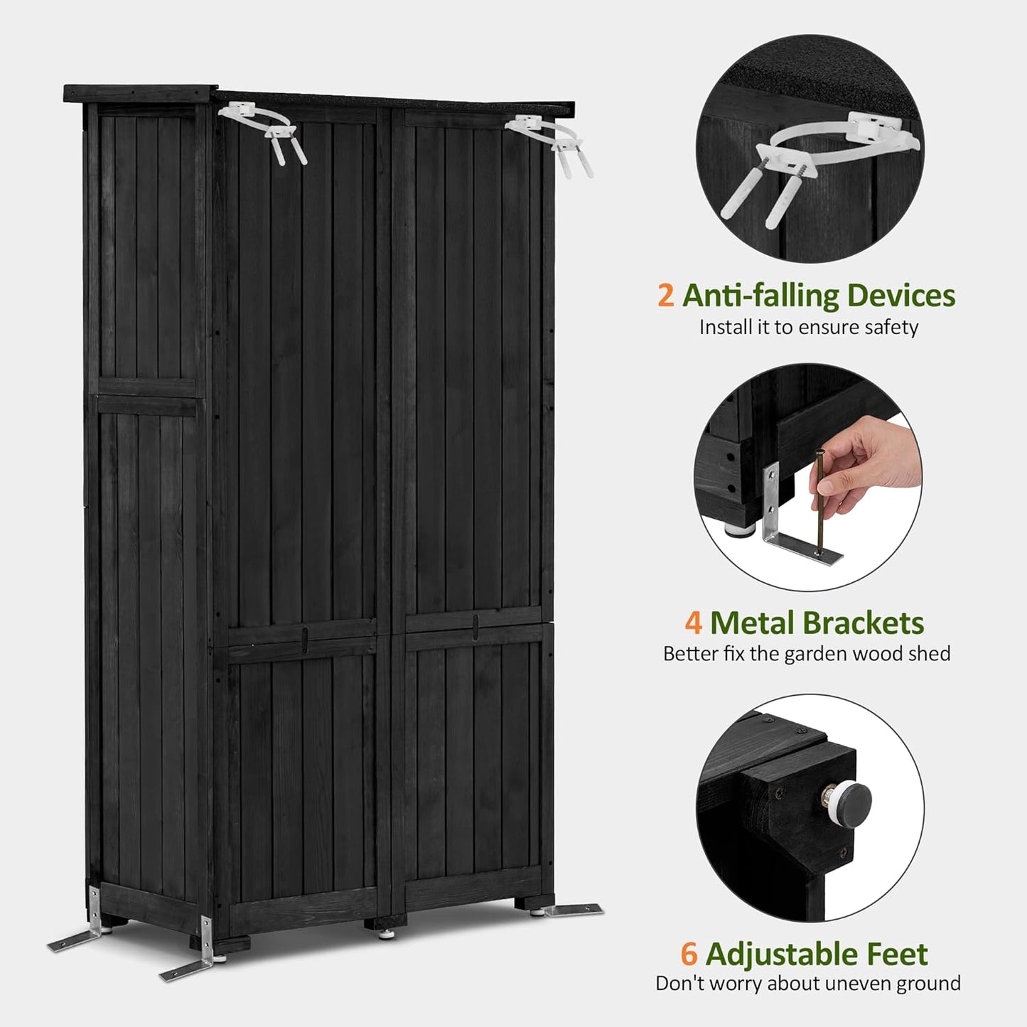 MCombo Outdoor Storage Cabinet, Garden Storage Shed, Outside Vertical Shed with Lockers, Outdoor 63 Inches Wood Tall Cabinet for Yard and Patio 0870 (Black)