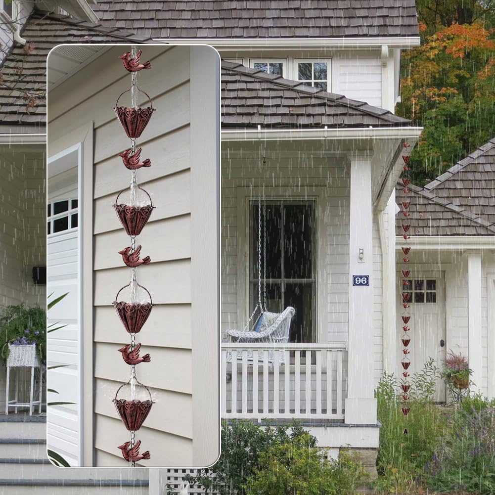 9.3 FT Rain Chain, Metal Rain Gutter Chains with 12 Cups & Detachable Hummingbird Decor, Adjustable Rain Catcher Chain with Bell for Outdoor Decor, Replacement for Downspout