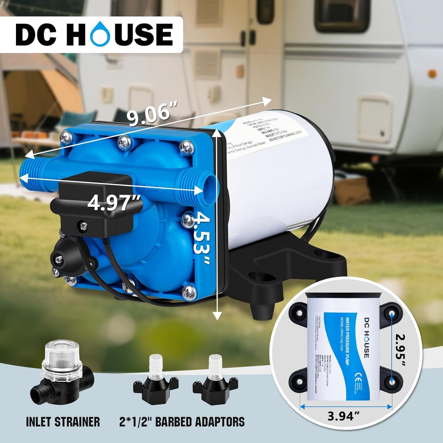DC HOUSE 110V Camper Water Diaphragm Pump with Power Plug 42-Series 5.5GPM 70PSI High Pressure On Demand Self Priming Water Booster Pump for Kitchen Bathroom RV Garden Hose Rain Barrel Sprinkler