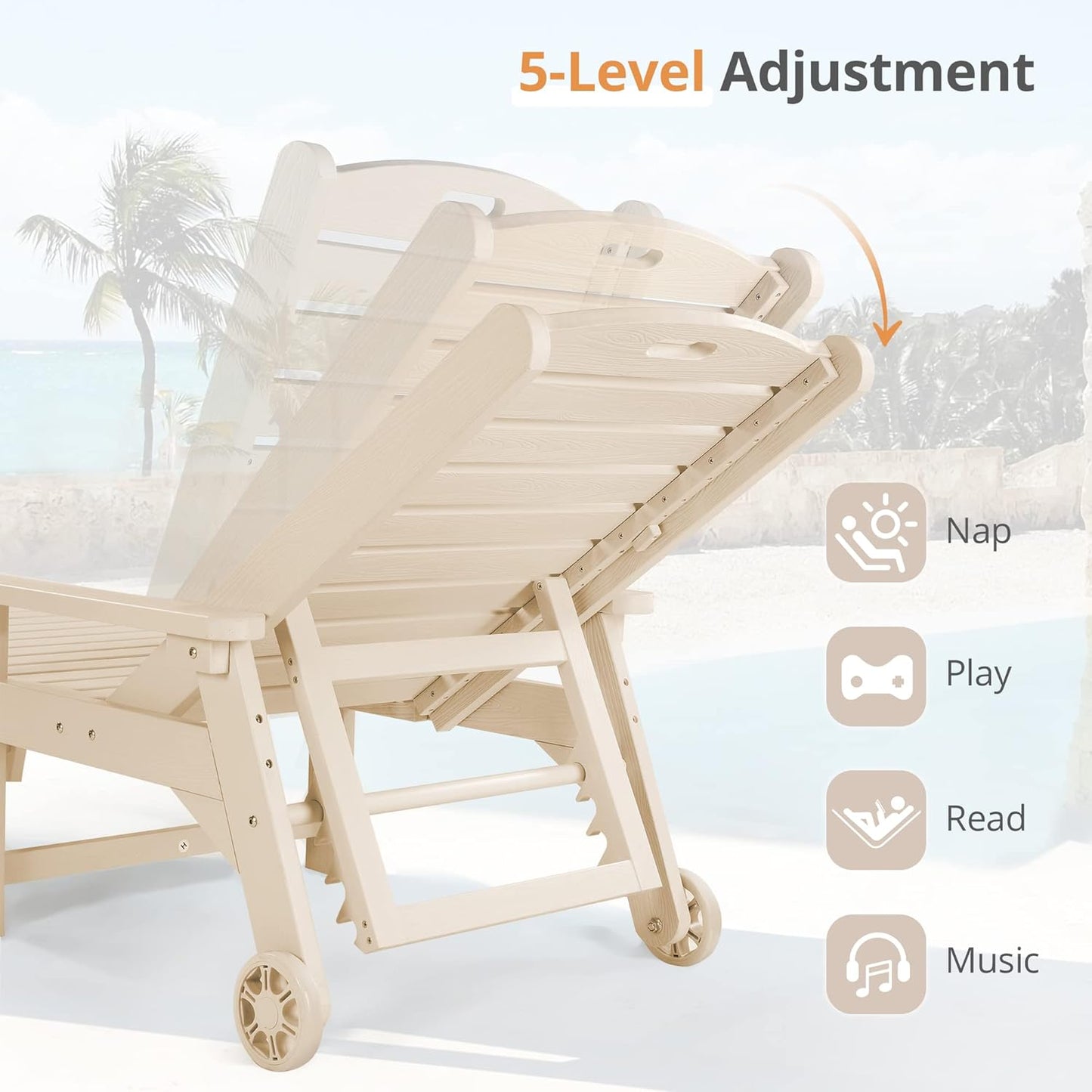 LUE BONA Chaise Lounge Chairs Set with Table, 3-Piece, 79'' Oversized HDPS Material, 5 Positions Adjustable Patio Lounge Chairs, Pool Lounge Chair with Wheels for Poolside, 3-Year Warranty, Sand