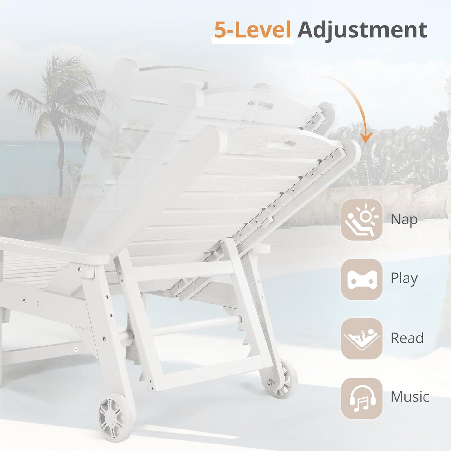 LUE BONA Outdoor Chaise Lounge Chairs Set of 2, 79'' Oversized HDPS Chaise Lounger, 5 Positions Adjustable Lounge Chairs, Pool Lounge Chair with Wheels for Poolside, 3 Year Warranty, White