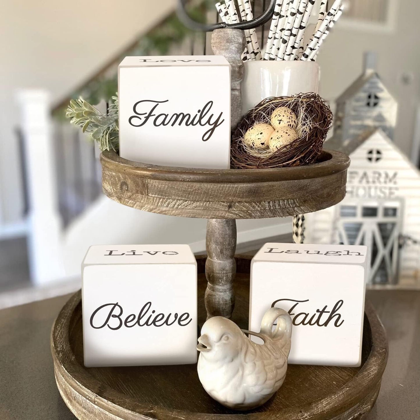 Rustic Home Decor - 4-Sided Wooden Blocks, Home Sweet Home&Thankful Grateful Blessed&Family Believe Faith&Love Live Laugh Sign, Modern Farmhouse Decorations for Shelf Tiered Tray Entryway Coffee Table
