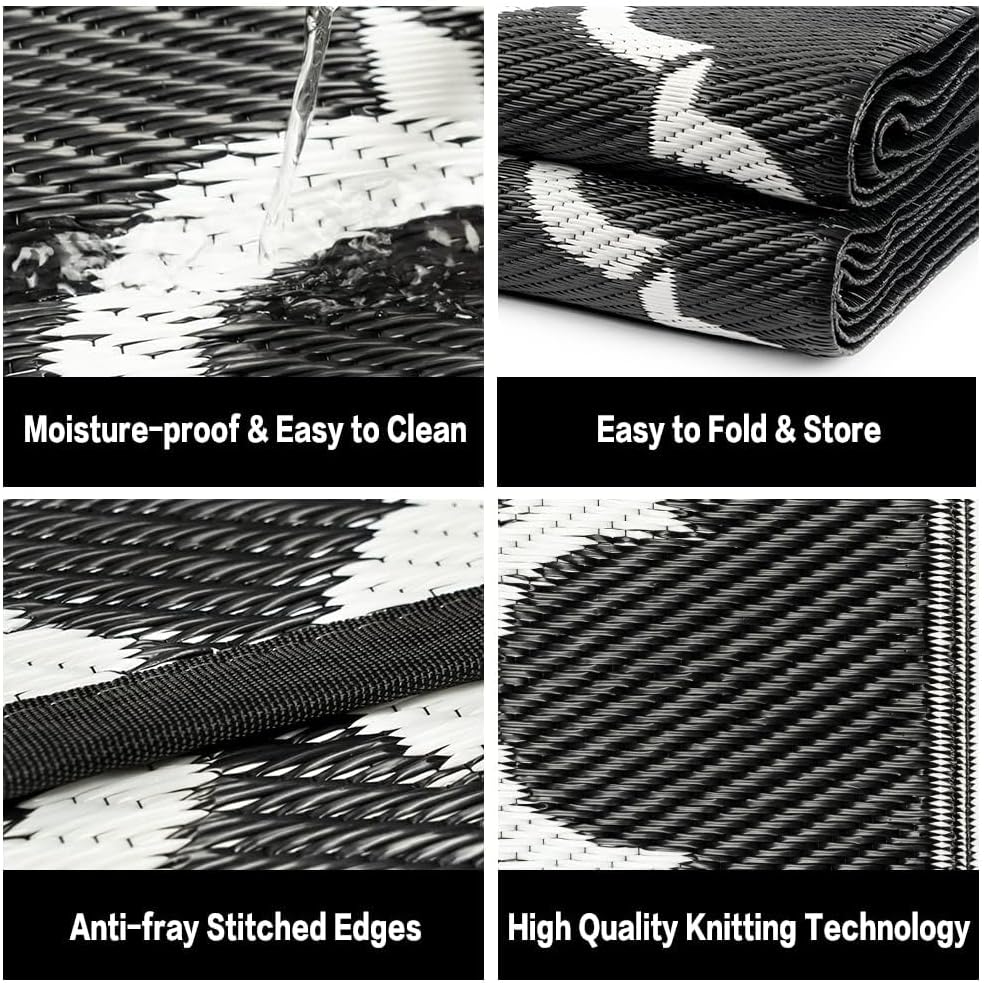 Outdoor Plastic Straw Rug, Waterproof Mat, Washable Large Floor Mat and Rug for Outdoors, RV, Beach, Patio, Camping, Backyard, Deck, Picnic, Indoor Outside (5x8ft,Lantern/Black&White)