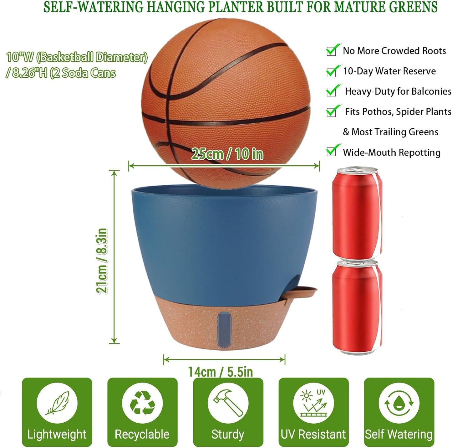 Hanging Planter Self Watering 10 Inch, 2 Pack Hanging Baskets for Plants, Hanging Flower Pots with Drainage Hole & 2 Kinds of Plant Hangers for Garden Home Decor (Navy Blue, 10 Inch)