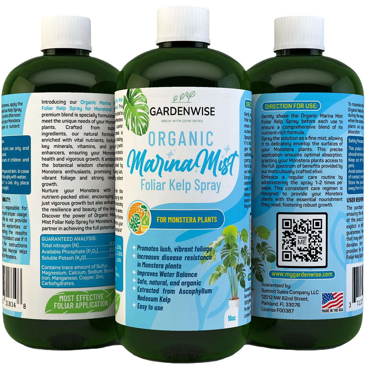 Organic Marina Mist Foliar Spray for Monstera, Philodendron, Elephant’s Ear and Other Tropical Houseplant | Liquid Fertilizer | Micro Nutrients for Vital Health | Liquid Plant Food (8 OZ)