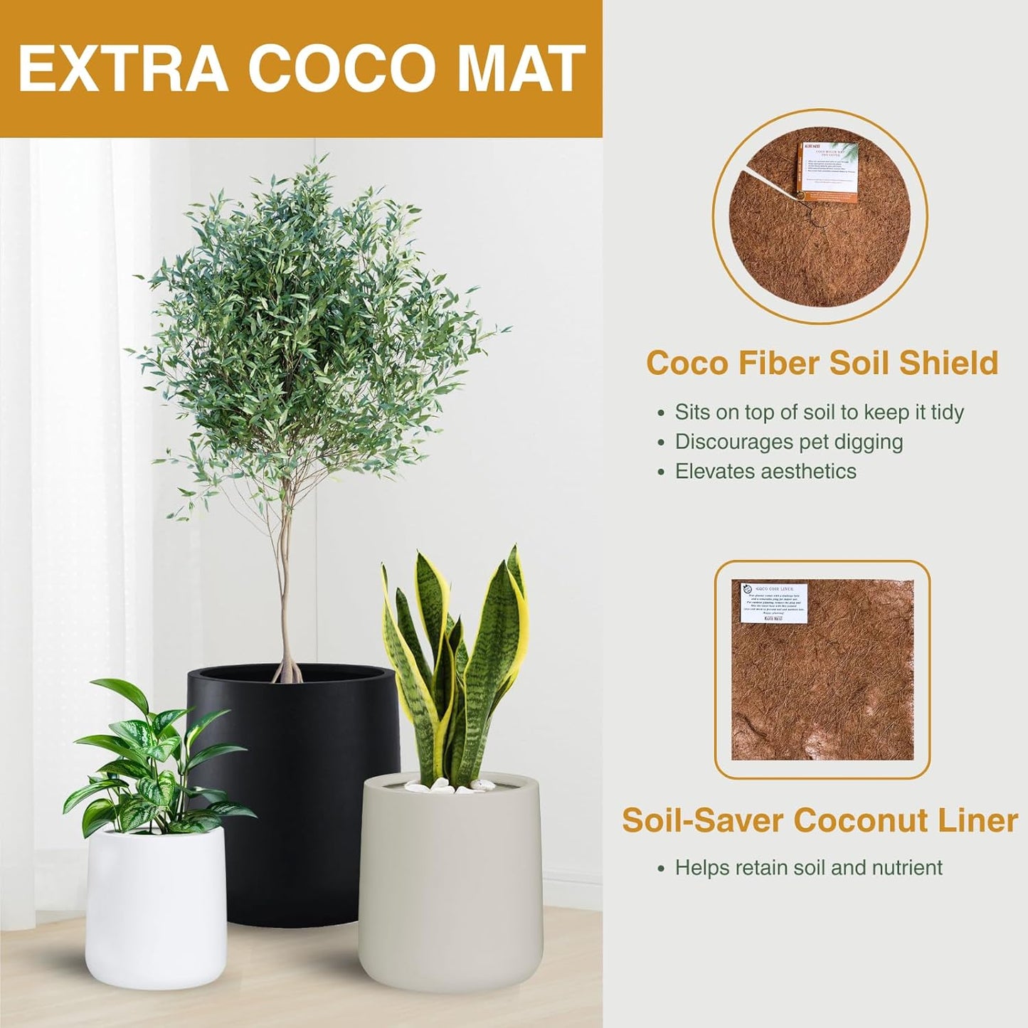 13" H x 12.6" D Conico Fiberstone Round Planter with Drainage Hole, Smooth Finishes, Weather Resistant for Indoor and Outdoor Use, Included 2 Extra Coco Mats (Black, 10" Pot Opening)