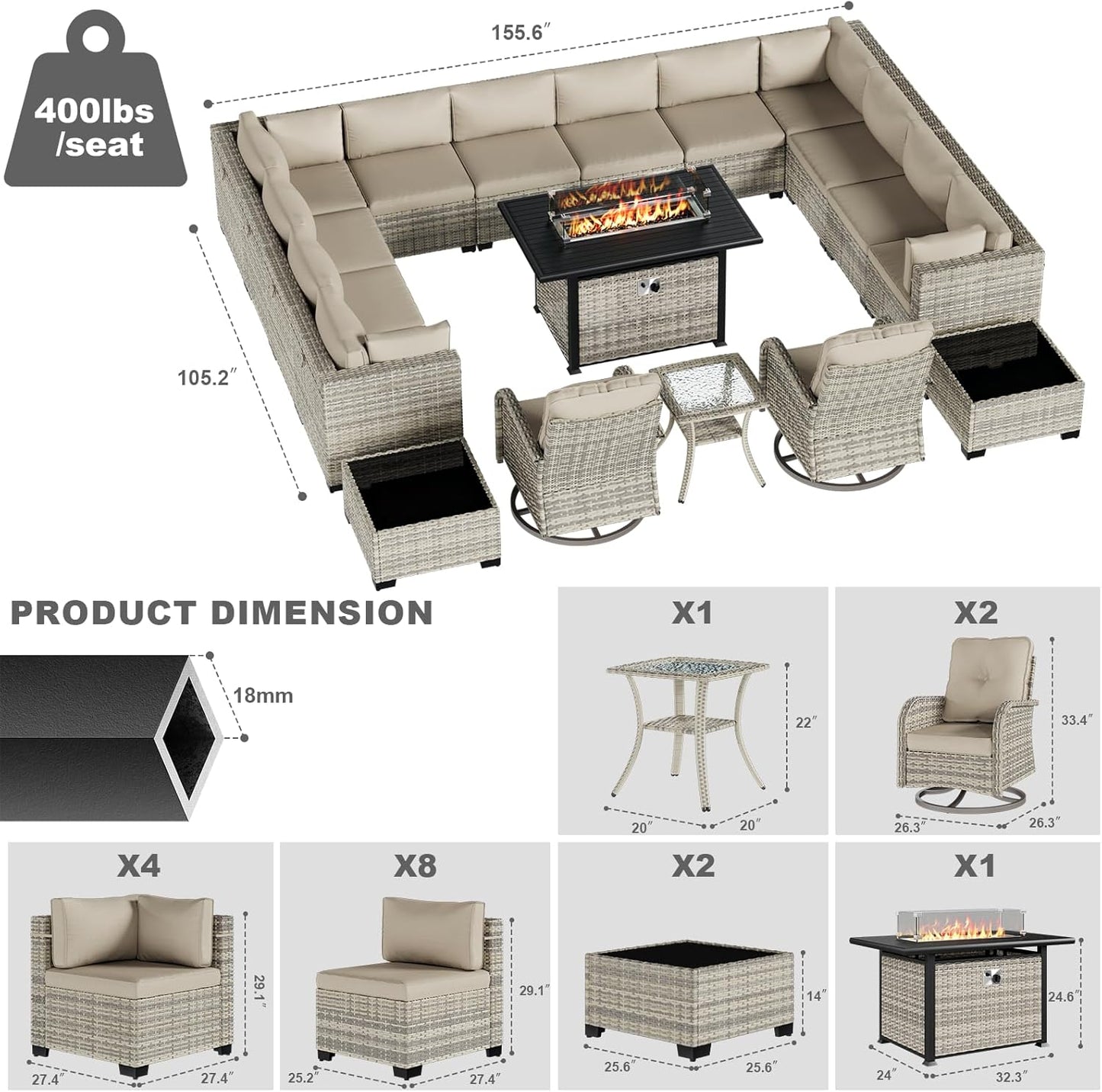 18-Piece Patio Furniture Set, Outdoor Patio Furniture with 55,000 BTU Fire Pit Table, Swivel Chairs Set, Thick Cushions, Modular Patio Sofa, Dual-Strand Wicker Rattan, Rust-Resistant Frame,Khaki