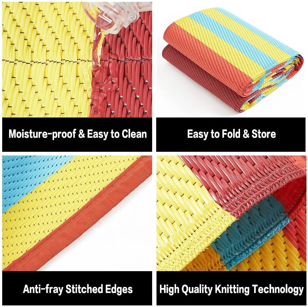 Outdoor Waterproof Rug 9'x12' Plastic Straw Rugs Washable Reversible Floor Mat Rainbow Stripe Carpet for Camping RV Deck Entryance Porch Picnic Balcony Beach Backyard