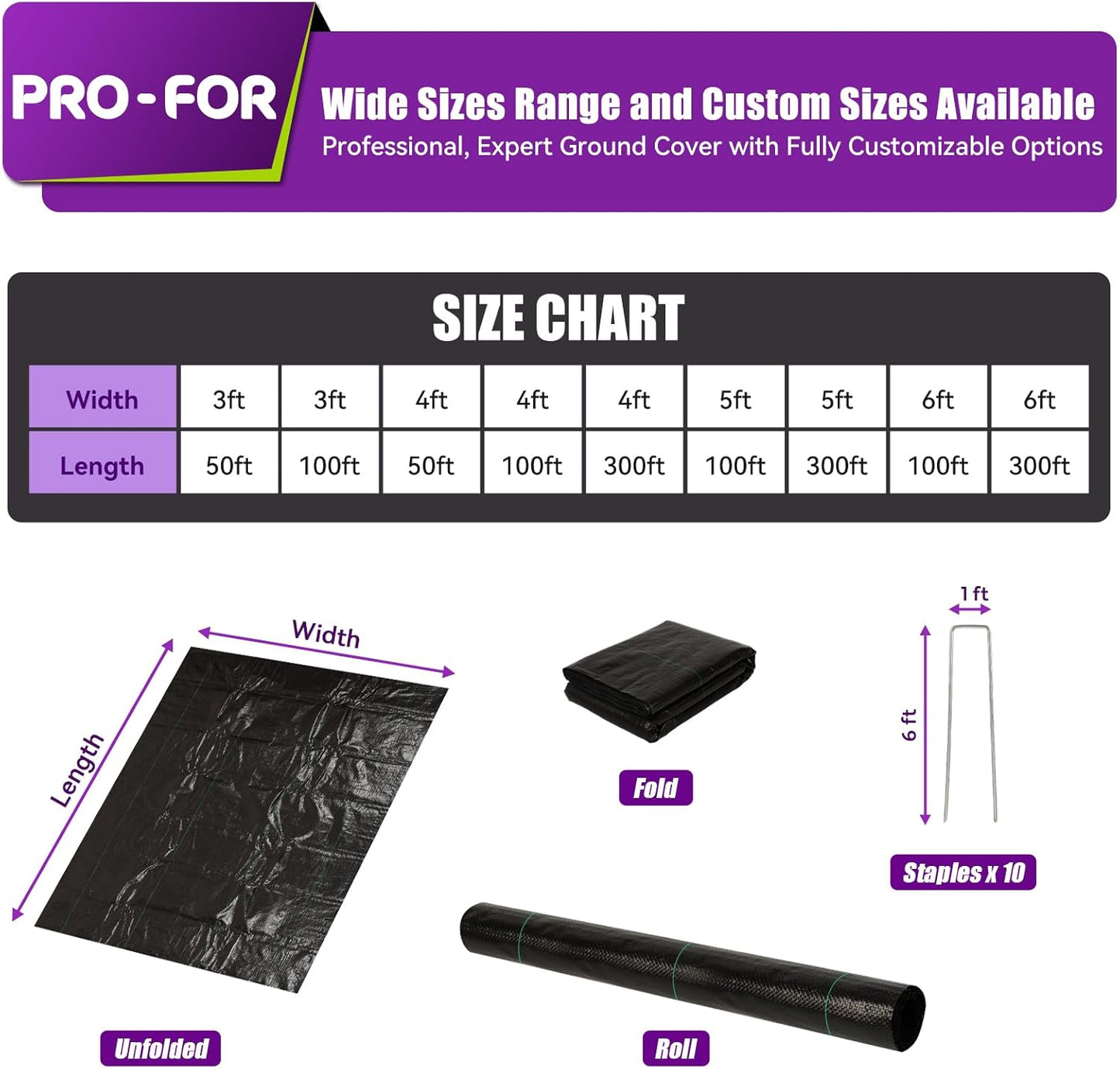 Heavy Duty Weed Barrier Fabric 4ft x 50ft, Landscape Ground Cover for Gardens & Driveways, Premium Weed Control with 10 U Shaped Staples