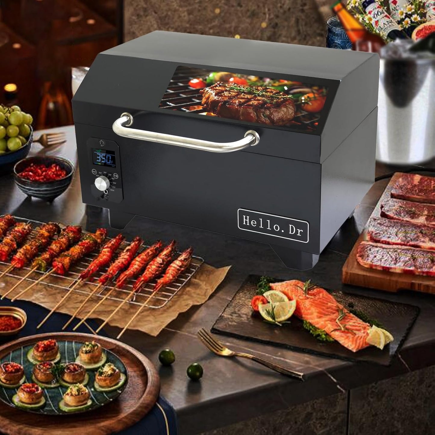 Portable Wood Pellet Grills 900°F,Smoker with Viewing Window – 8-in-1 BBQ, Digital Control, LED Screen, Temperature Control, Meat Probe,Bake and Roast, Ideal for Camping, RV, Beach Backyard