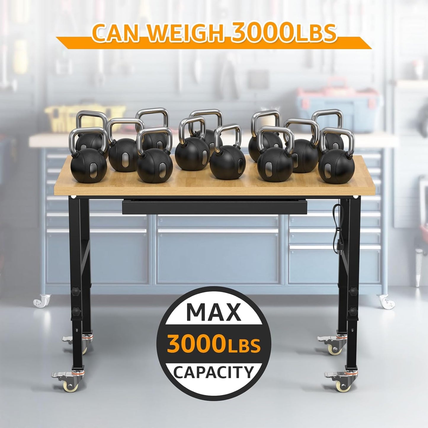 48" Adjustable Workbench,Heavy-Duty Work Table,3000 LBS Load Capacity Particleboard Hardwood Workstation Outlets with Power Strips, Drawers and Wheels,for Workshop, Garage