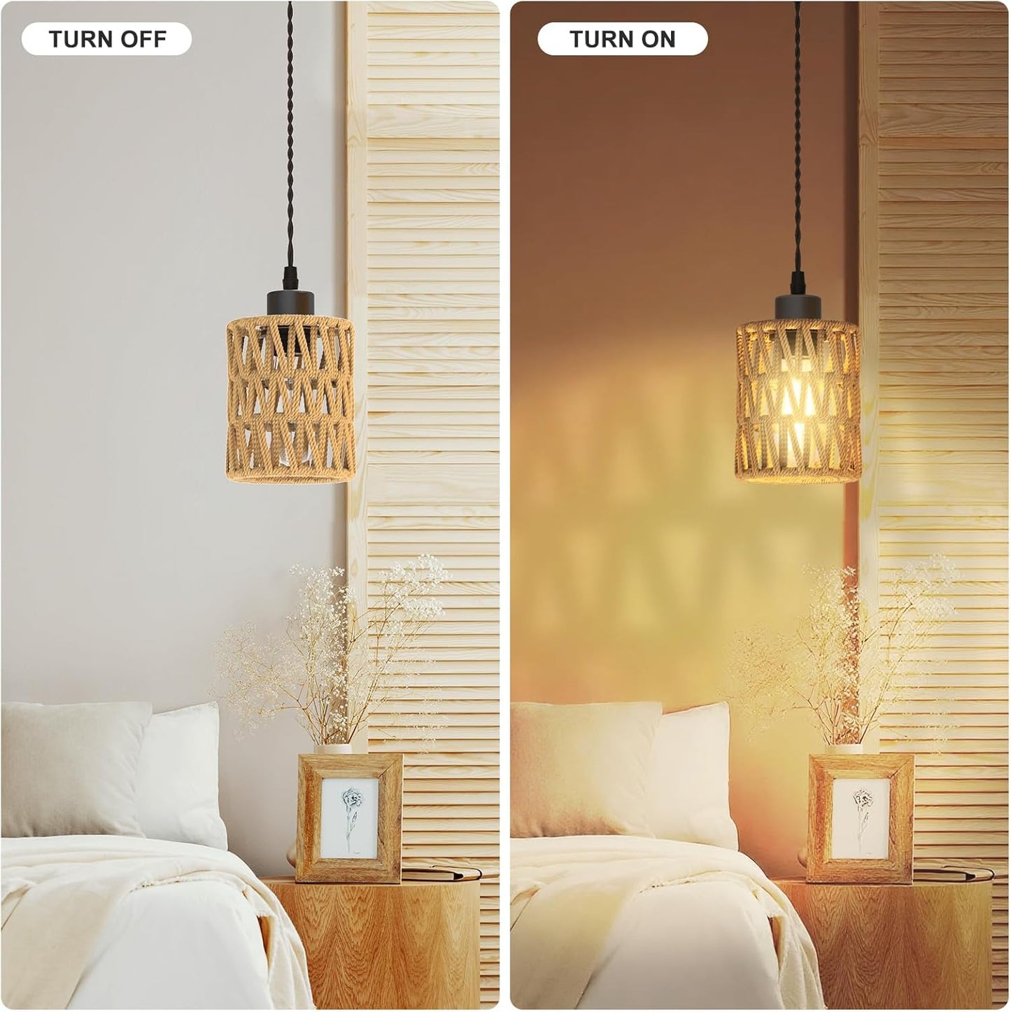 3 in 1 Farmhouse Hemp Rope Pendant Light - Rustic Hand-Woven Rattan Hanging Light Fixture for Kitchen Island,Dining Room,Bedroom- Wicker Cage Chandelier-Coastal/Nautical/Boho Style Lighting Fixture