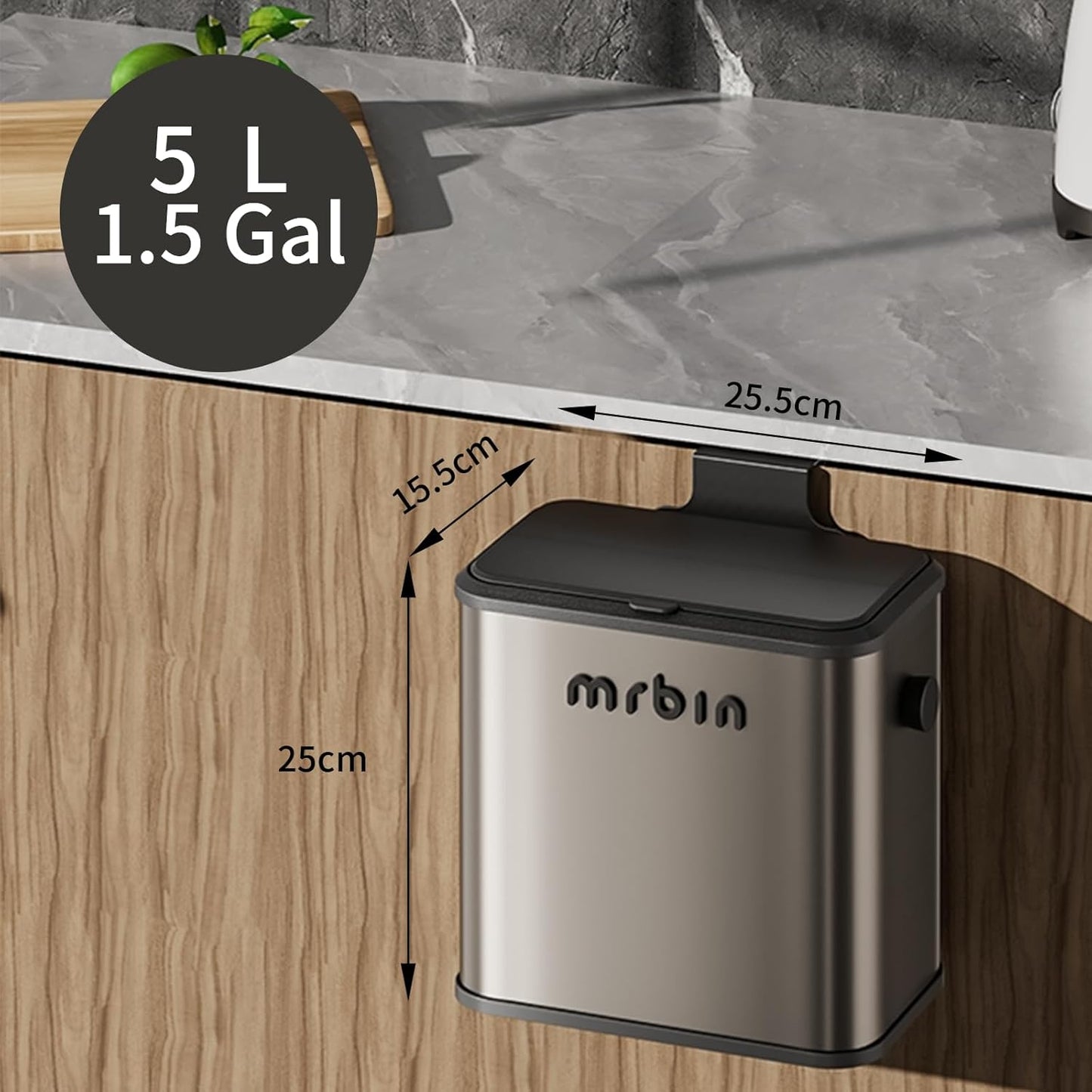 MRBIN Stainless Steel Compost Bin Countertop with Lid, Hanging Trash Can for Kitchen Cabinet Door, Wall Mounted Indoor Recycle Basket Food Waste Scrap Dustbin for Kitchen Under Sink with Inner Bucket