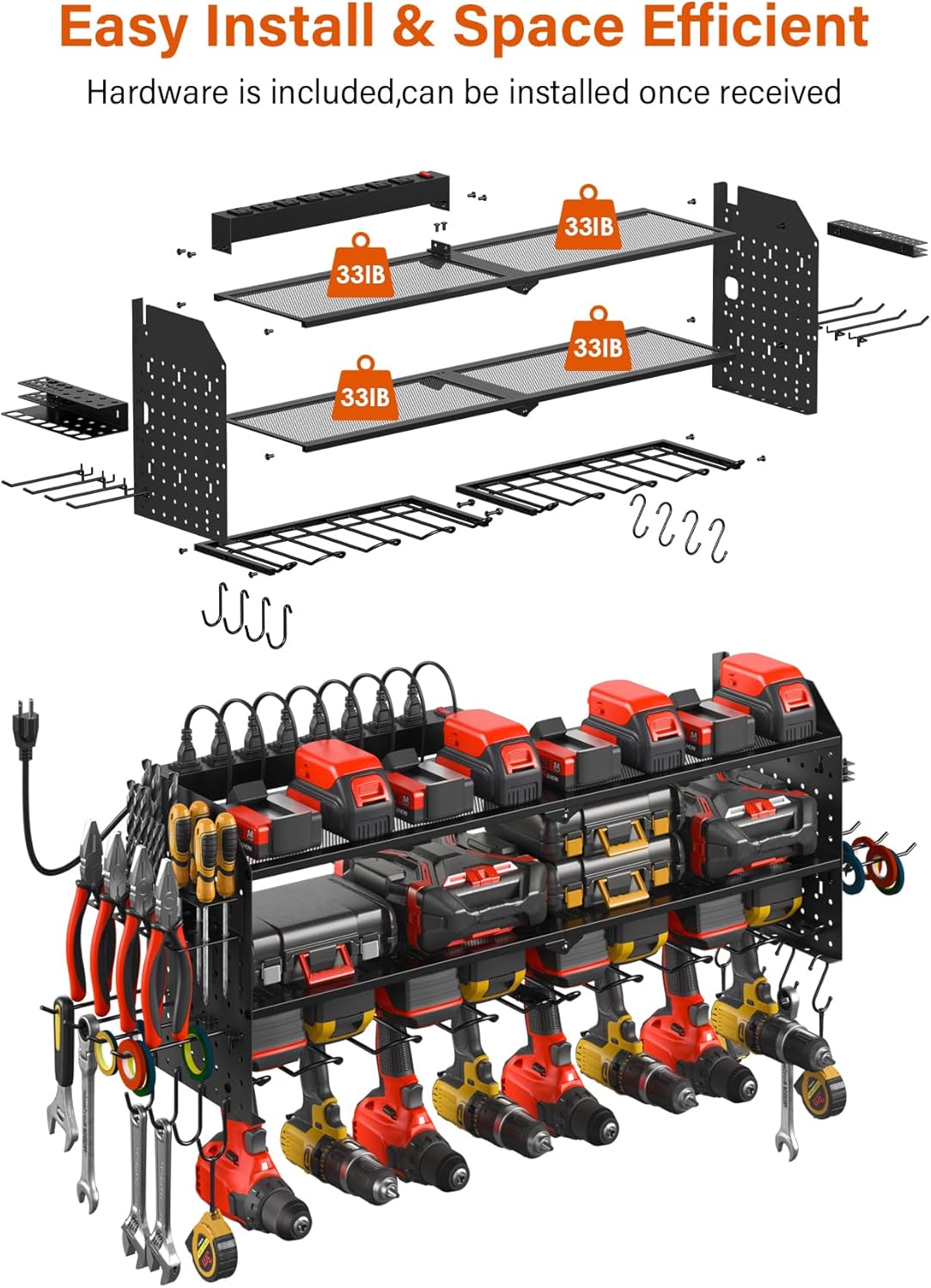 JUNNUJ Large Pegboard Power Tool Organizer with Charging Station, 8 Drills Driver and Tools Battery Holder Wall Mount with 8 Outlet 10 FT Power Strip, Black 3-Layer Shop Garage Storage Utility Rack