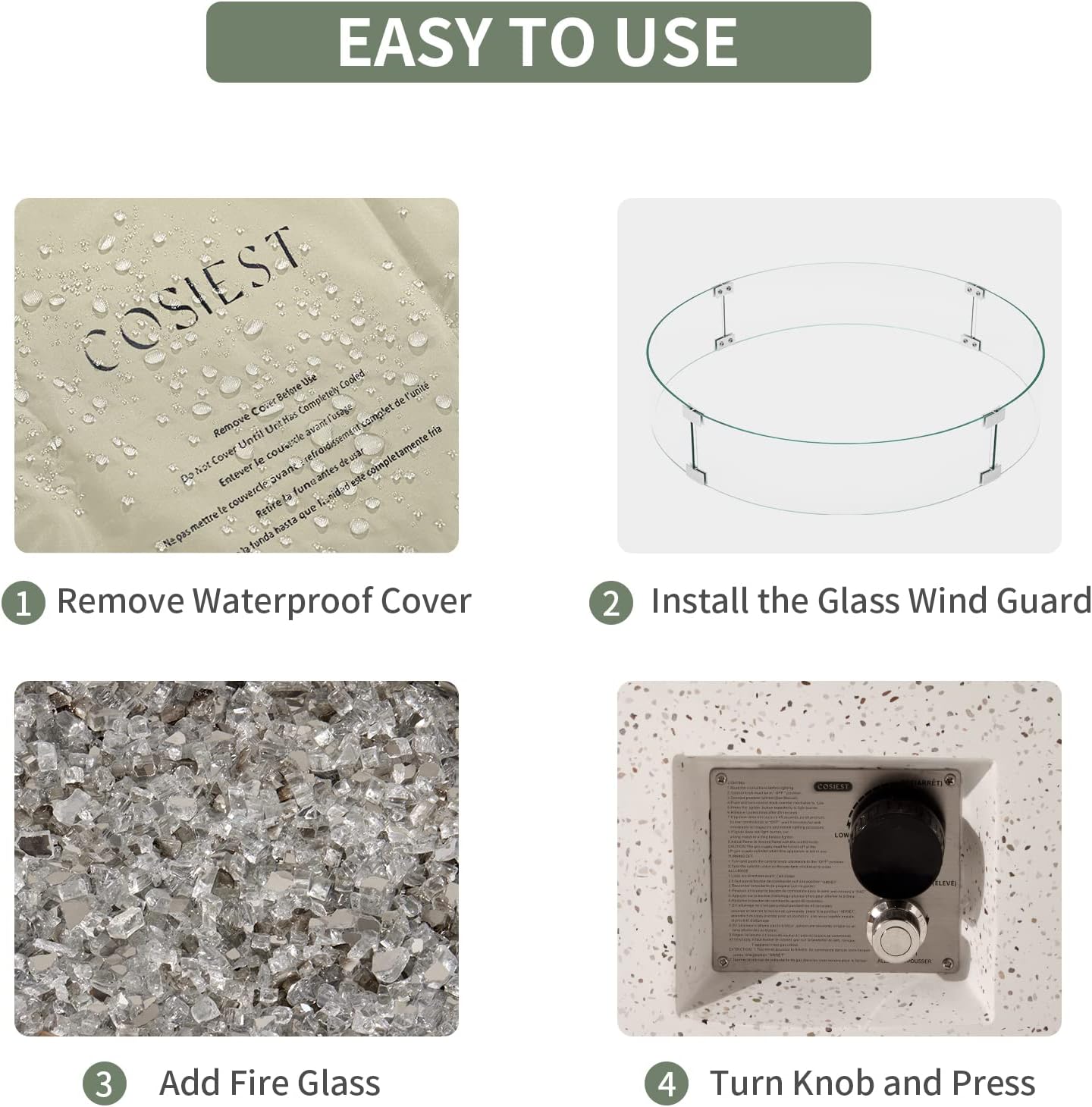 COSIEST Outdoor Propane Fire Pit Coffee Table w Terrazzo White 42 inch Round Base Patio Heater, CSA Certified, 50,000 BTU Stainless Steel Burner, Wind Guard, Transparent Gray Fire Glass, Rain Cover