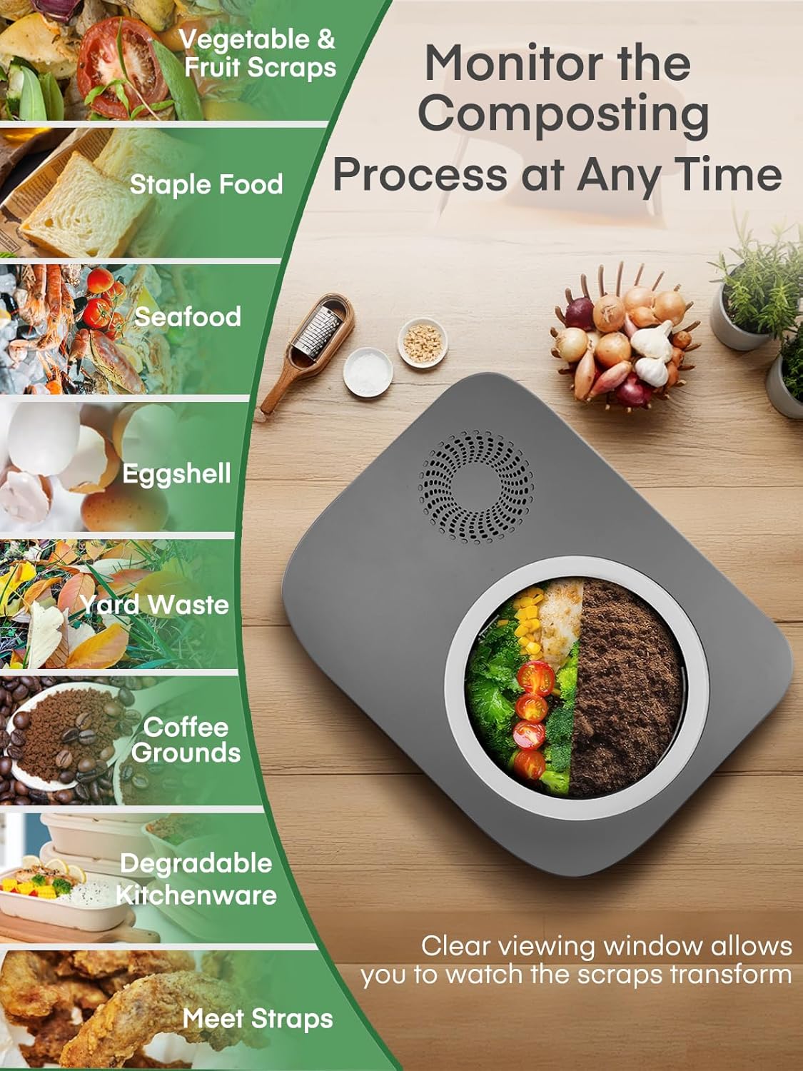 Electric Composter for Kitchen 4L, Countertop Compost Bin Indoor with Visible Window, LED Display, Auto-Clean, Carbon Filter, Odorless, Low Noise, Turns Waste into Natural Fertilizer