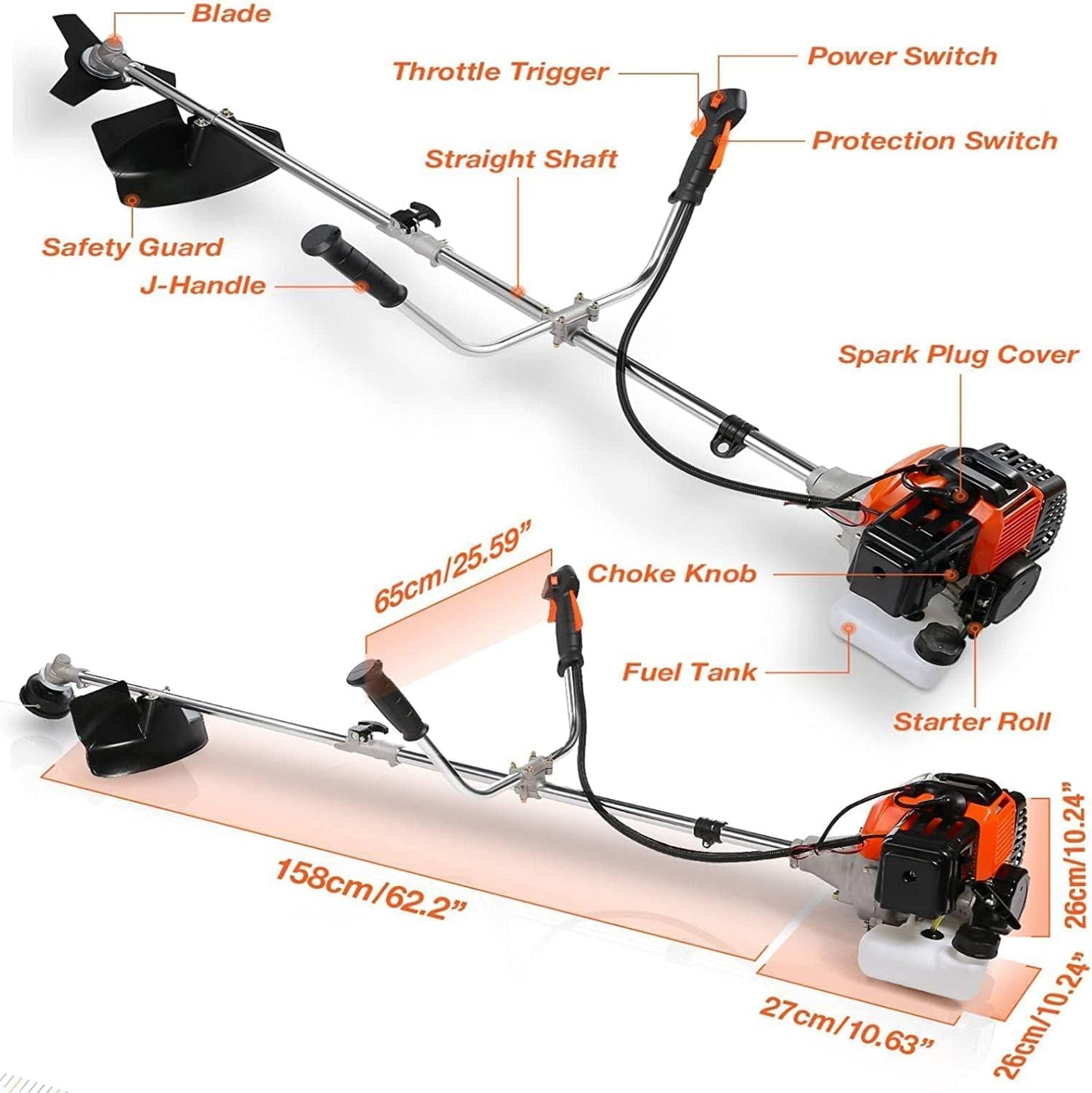 4-in-1 58CC Weed Wacker, Weed Eater Gas Powered Cordless, String Trimmers 2-Cycle Gas Brush Cutter Weed Wacker Straight Shaft Gas Grass Trimmer for Lawn and Garden Care Trimming (Orange)
