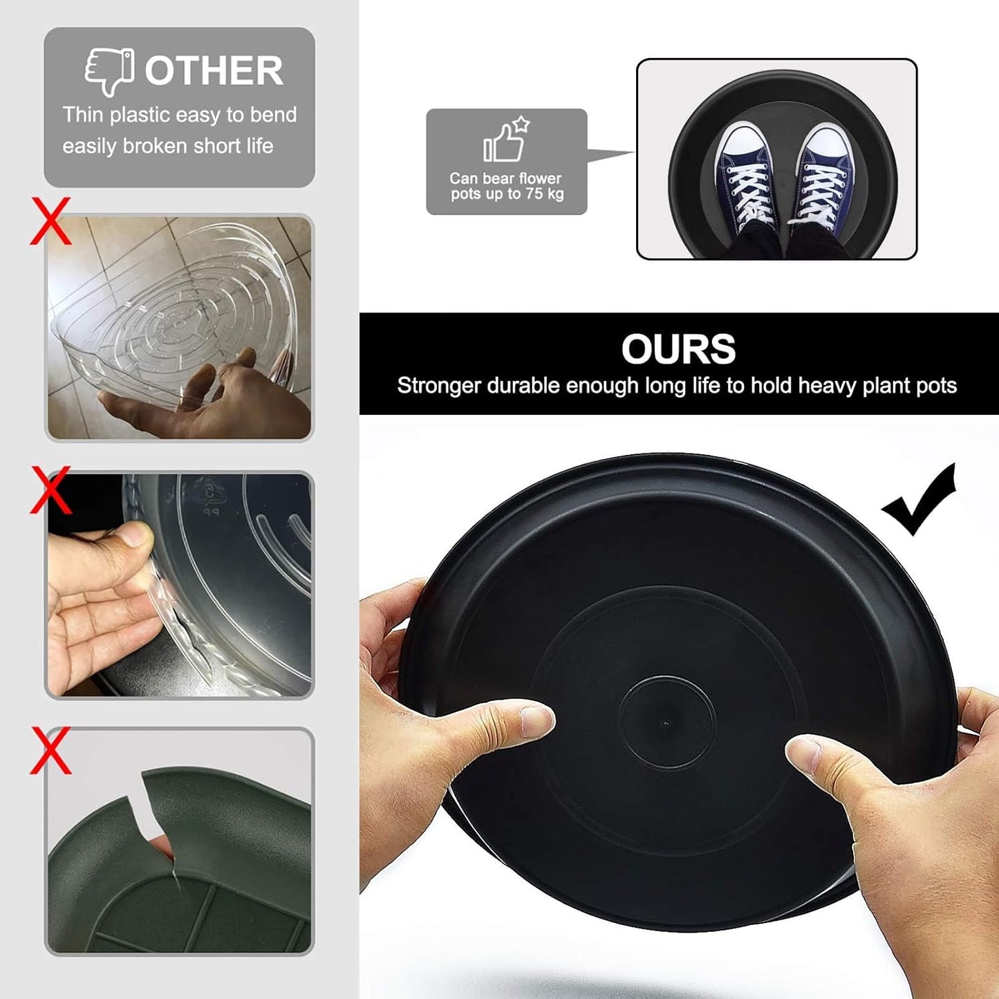 TITE Plant Saucer 16 inch,Heavy Large Planter Durable Thicker Plastic Plant Trays for Indoors and Outdoor,Plant Saucer Drip Trays,Black (16 inch, Black)