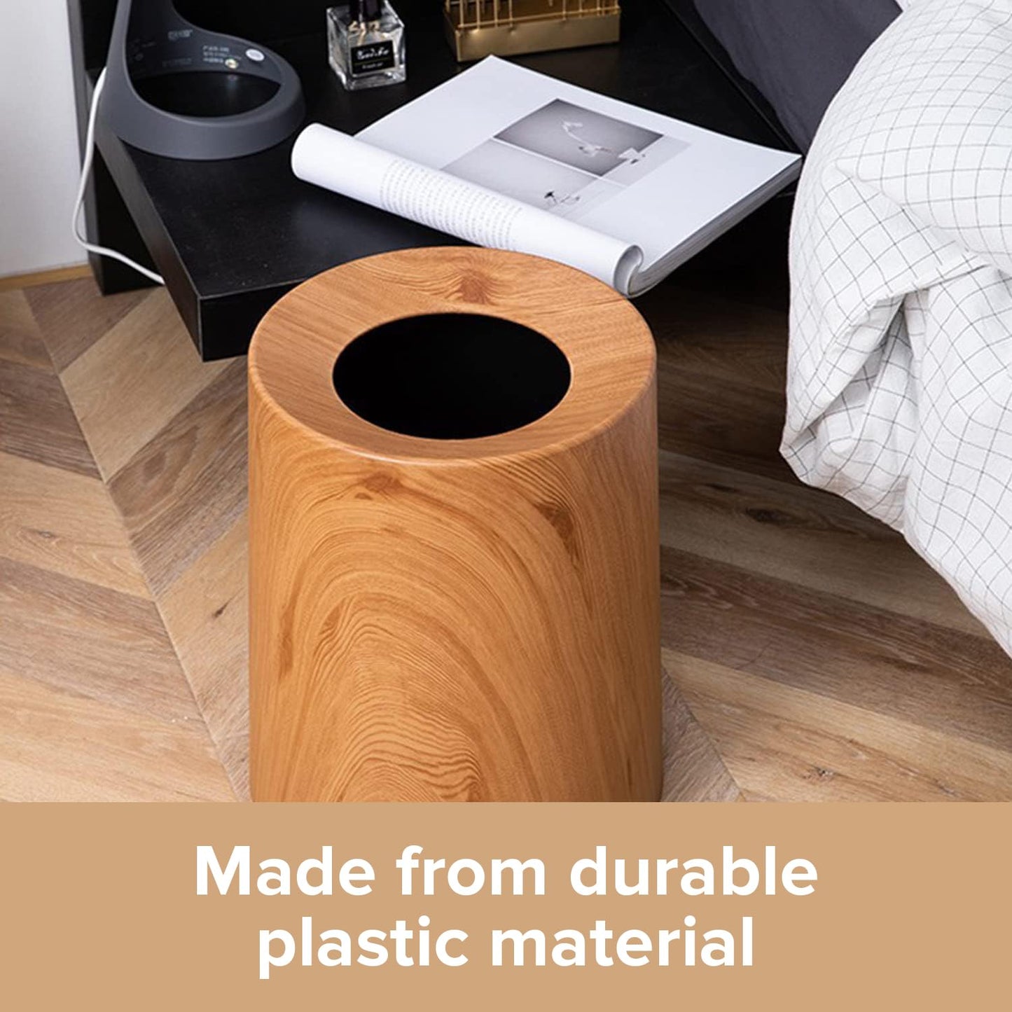 Anti Spill Nordic Wood Grain Look Waste Basket - Kids Pet Proof Garbage Container - Safer & Cleaner Indoor Outdoor Trash Can 3.2Gal - Patio Yard Entry Garbage Can - Round Modern Design 10"x10"x12"