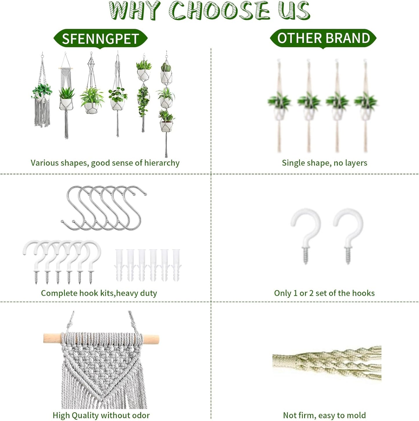 Macrame Plant Hangers, 6Pack Hanging Planters for Indoor Plants w/ 6 Set Hangers Kit Handmade Macromay Plant Hangers Indoor Flower Pots Holder Stand for Boho Home Décor (POTS NOT Included)