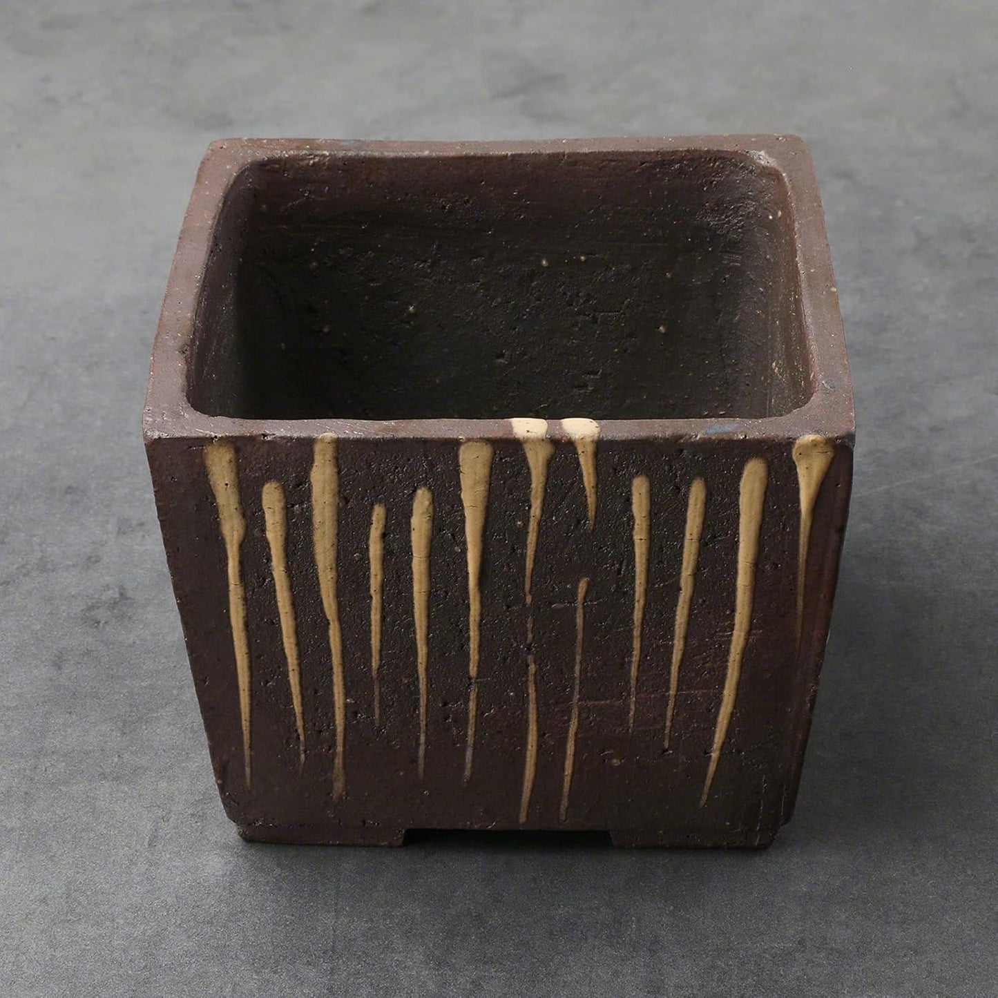Wazakura Tokoname Series Small Handmade Striped Square Bonsai Pot with Drainage Hole 4.1in (105mm) Made in Japan, Ceramic Training Starter Container, Decorative Flower Planter - Brown