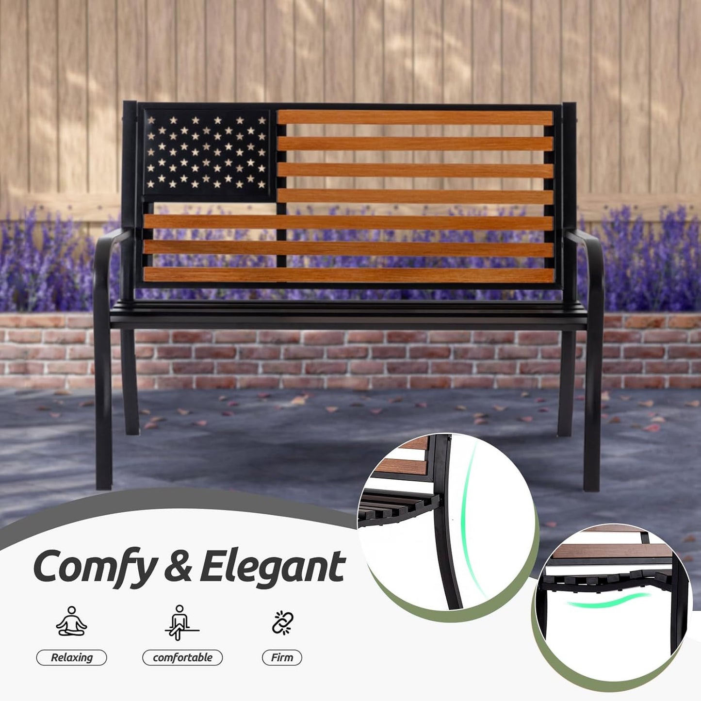 ππππ₯π’ππ¬ππ₯π¨π§ 50β Outdoor Bench Garden Bench with American Flag Style, Sturdy Cast Iron Metal Frame Patio Park Bench for Porch Yard Lawn Deck Park