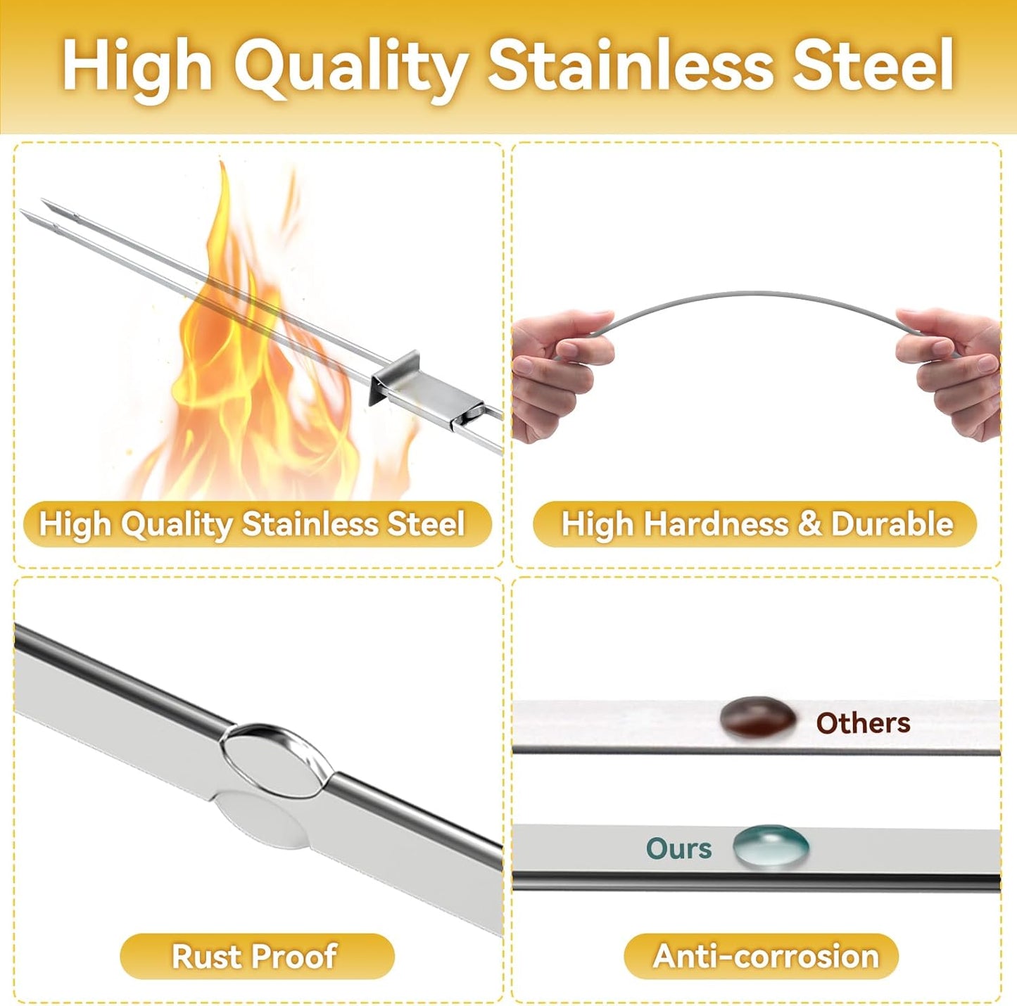 Skewers for Grilling - 13" Kabob Skewers with Push Bar Double Pronged Anti-Roll Metal Skewer for Kabobs, Stainless Steel Reusable BBQ Skewer for Grilling,Ideal for Meat Shrimp Vegetable 6pcs