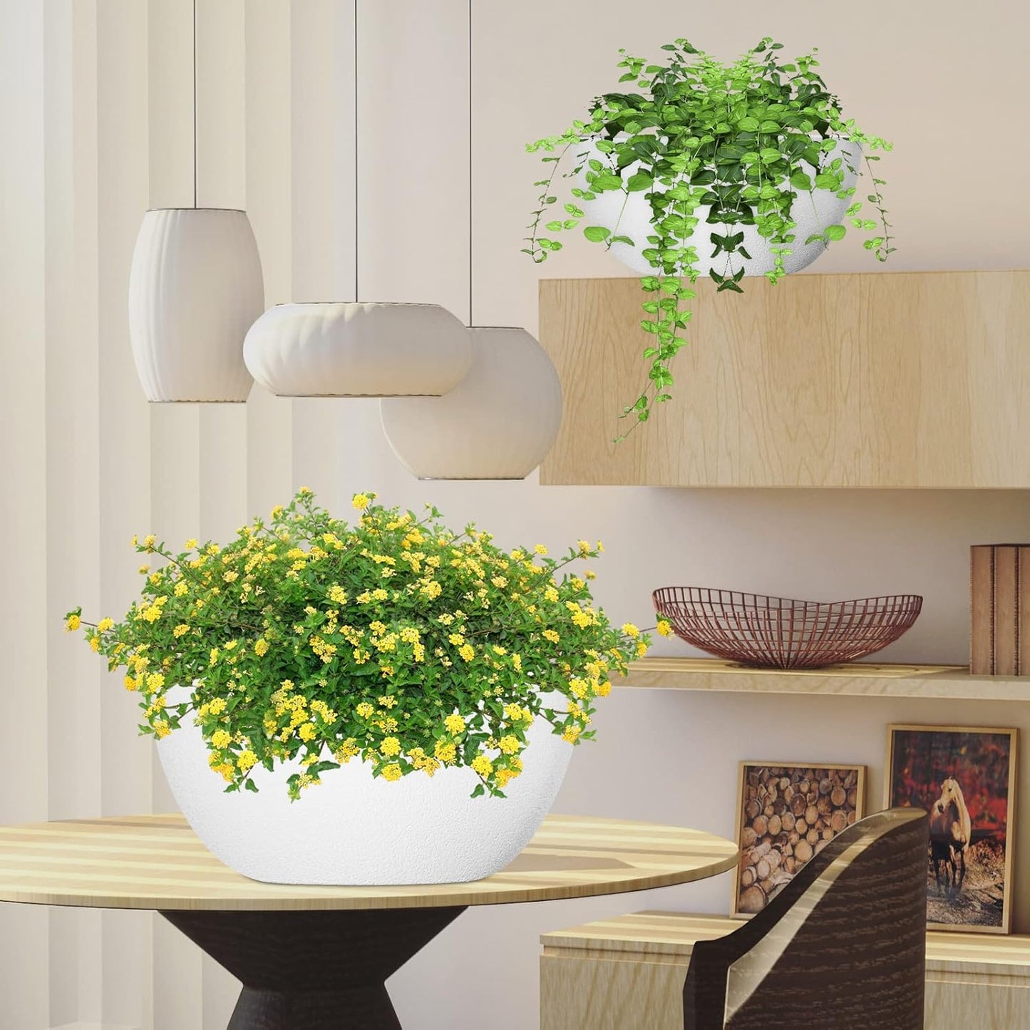 WOUSIWER 13 inch 2Pack Large Hanging Planters for Outdoor Indoor Plants with Drainage Holes and Chain, Round Hanging Flower Pots for Garden Home Porch Decor, White