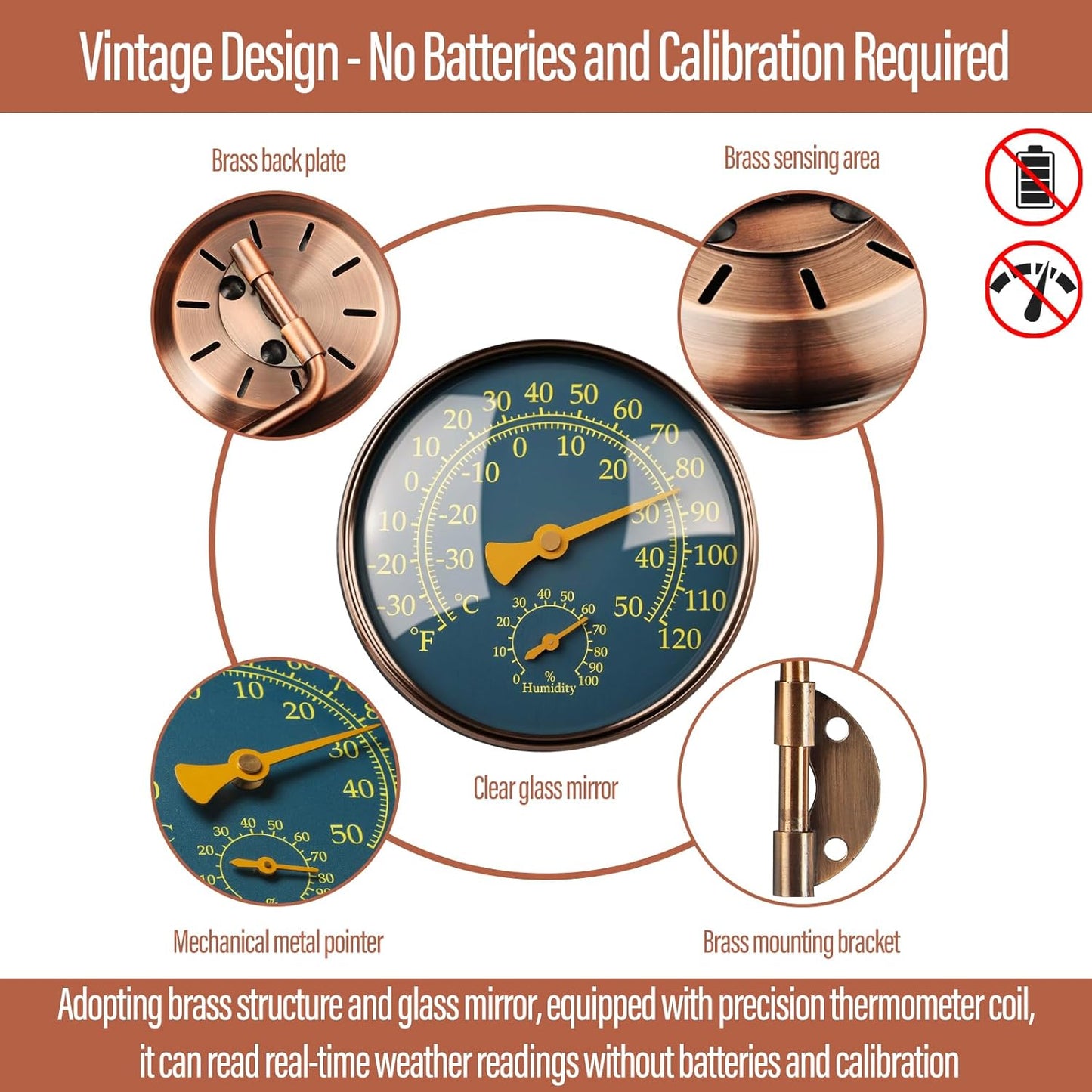 4 Inch Brass Outdoor Thermometer - Analog Temperature Gauge for Patio, Greenhouse and Garage