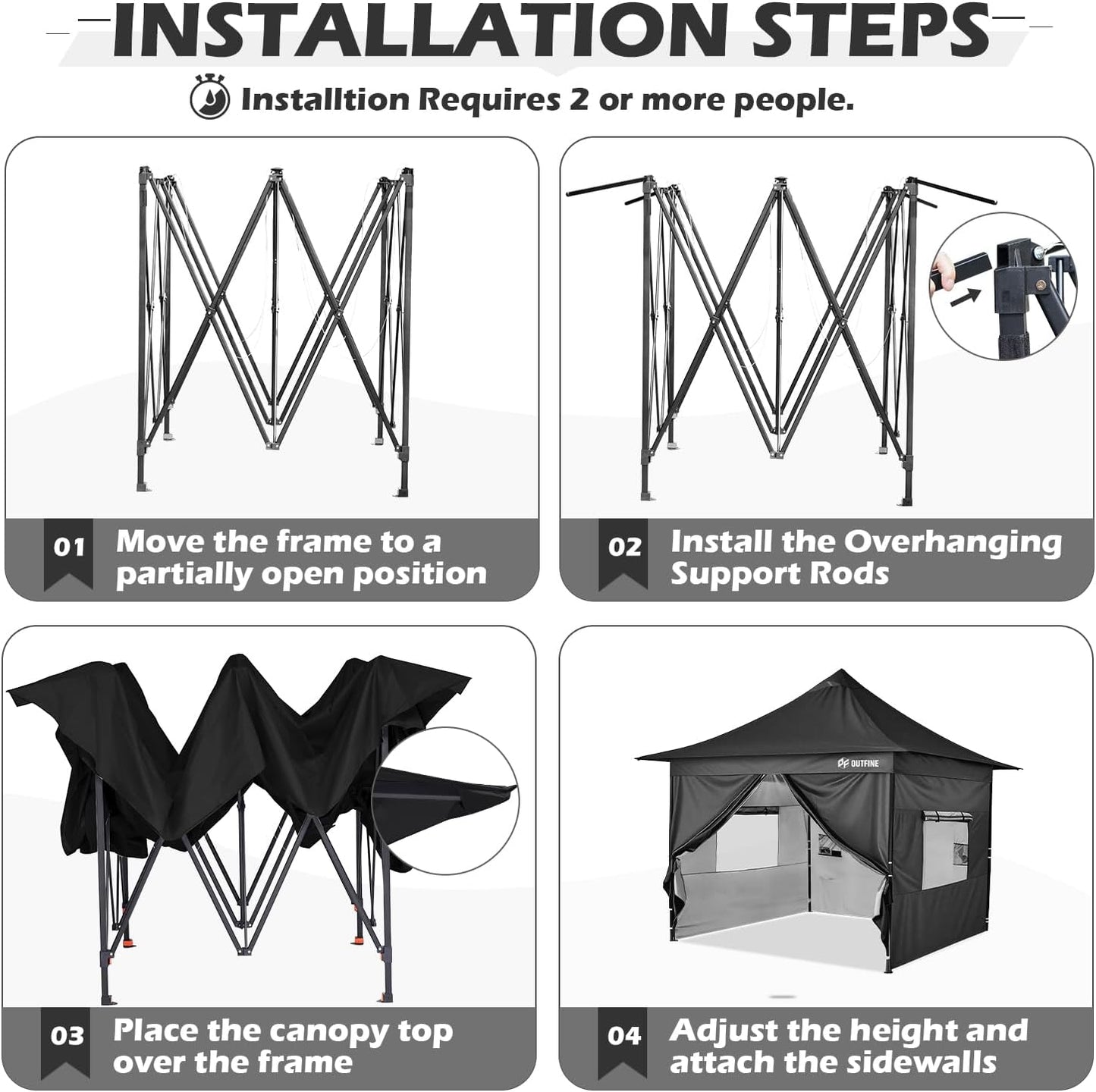OUTFINE 12×12 Pop Up Canopy-Heavy Duty Canopy Tent with Sturdy Metal Frame(10×10 Base) Reinforced with Steel Cables, Roller Bag, Sidewall×4 for Exhibition, Party&Backyard (Black, 12 * 12FT Pro)
