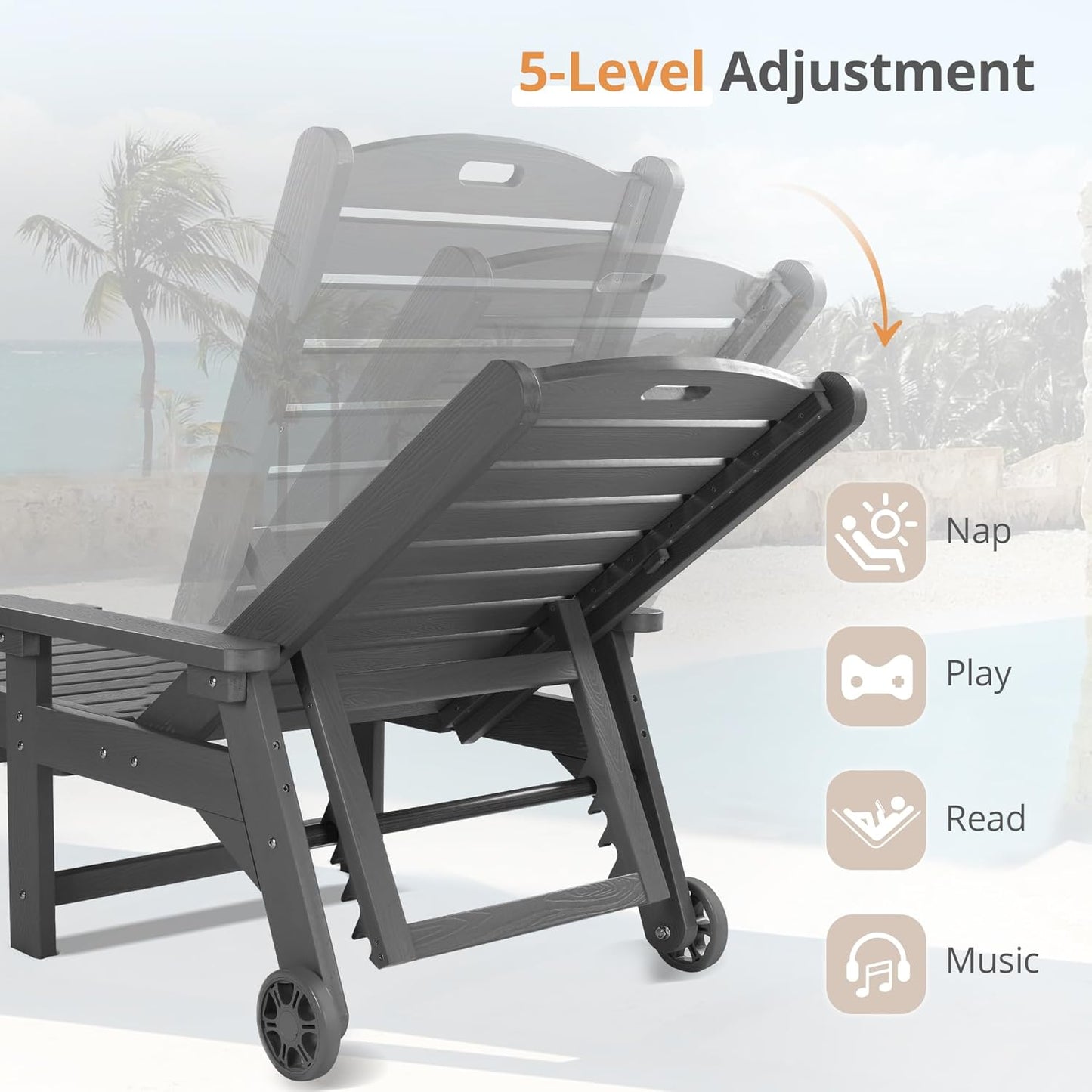 LUE BONA Outdoor Chaise Lounge, 79'' Oversized HDPS Chaise Lounger, 5 Positions Adjustable Lounge Chairs, Pool Lounge Chair with Wheels for Poolside, Backyard, 3 Year Warranty, Dark Gray