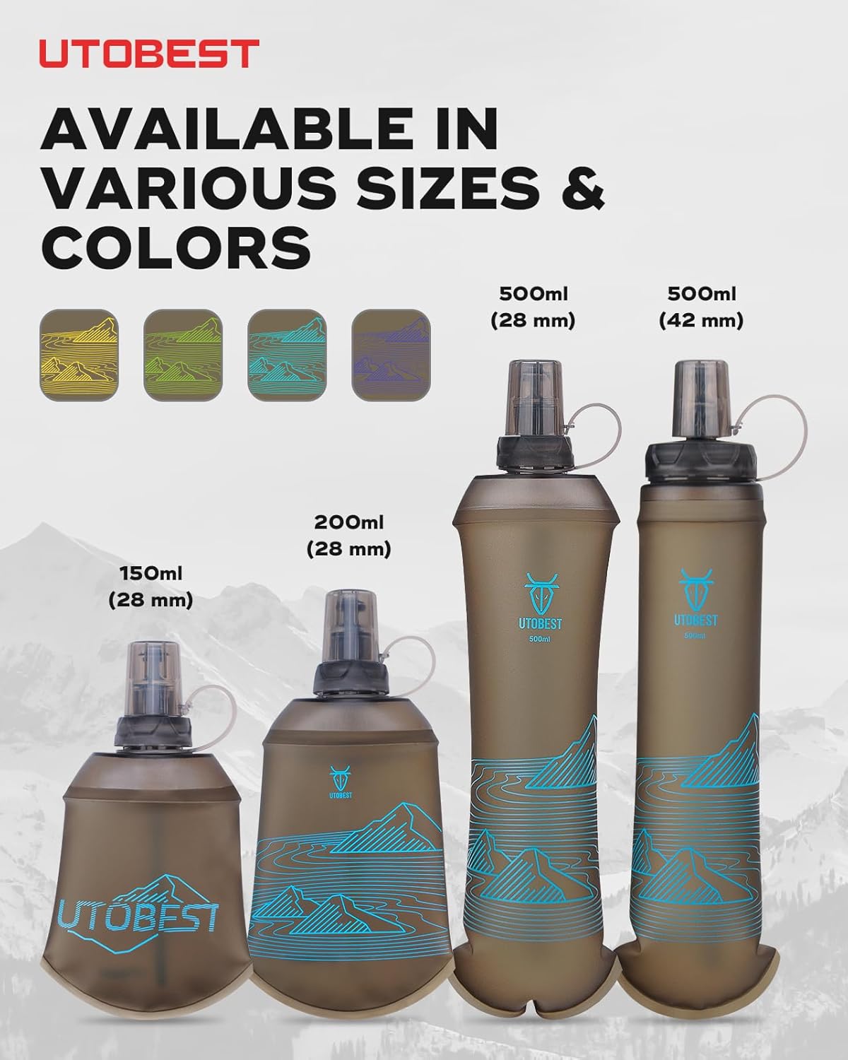 UTOBEST 200ml Soft Flask, 2 Pack Flexible TPU Hydration Water Bottle, Collapsible with 28mm Caliber for Running, Hiking, Cycling, Climbing, and Marathon Blue