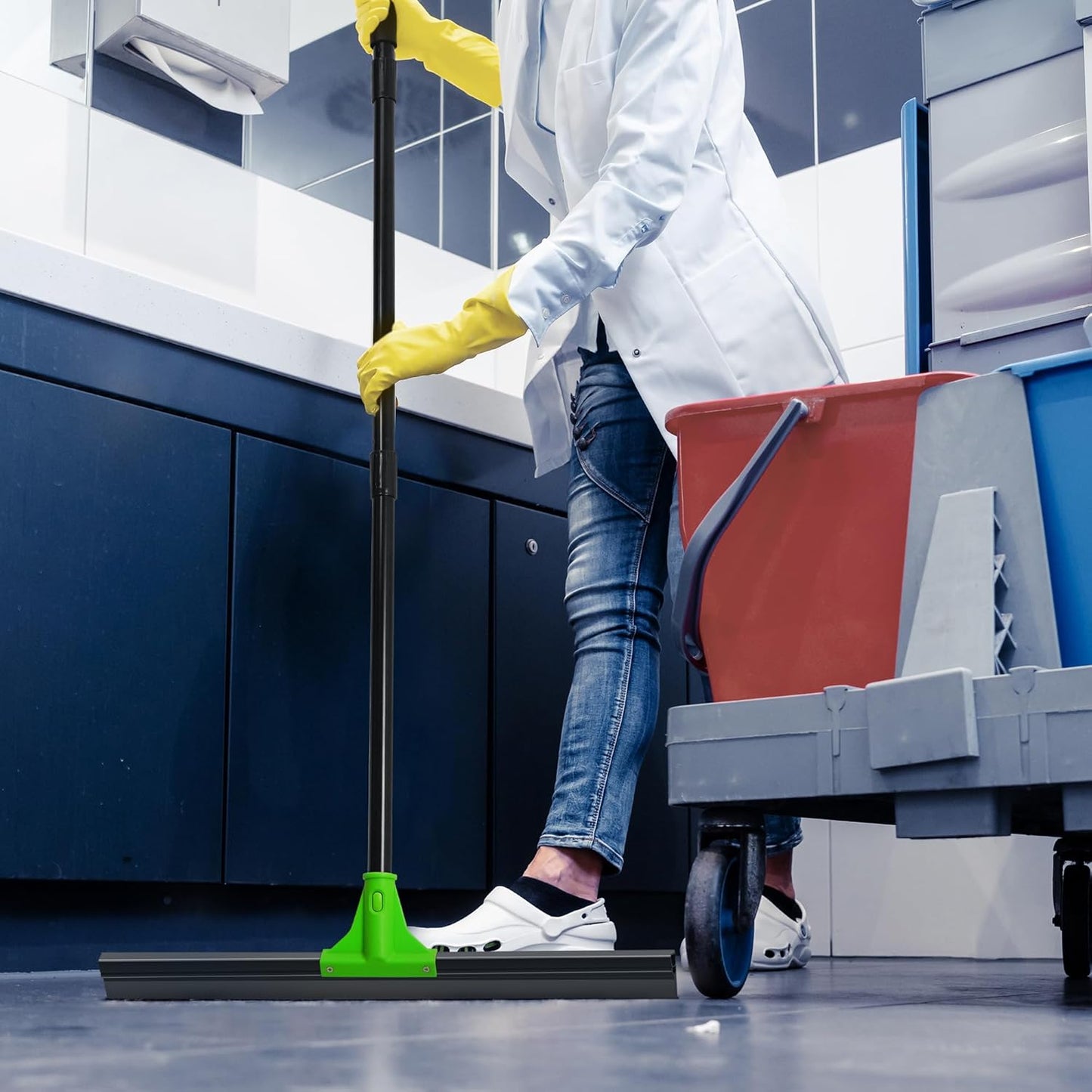 Rubber Floor Squeegee with 24” Heavy Duty Silicone Rubber Scraper Head and 60” Long Adjustable Handle, Shower Squeegees for Concrete Floor, on Multi-Surface Tile Glass Pool Garage Cleaning