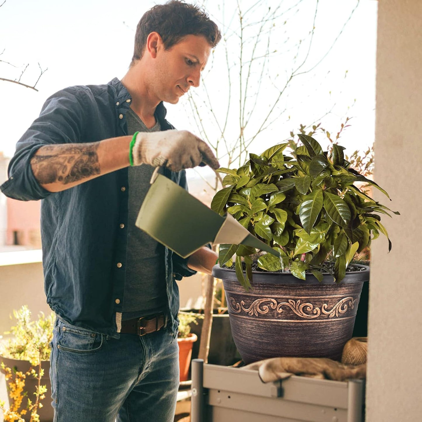 Plastic-Plant-Flower-Planters-14 Inch with Drainage Hole & Saucer, 3 Packs Lightweight Large Resin Flower Pot Indoor Outdoor, Retro Antique Imitation Decorative Garden Containers Sets for Houseplants